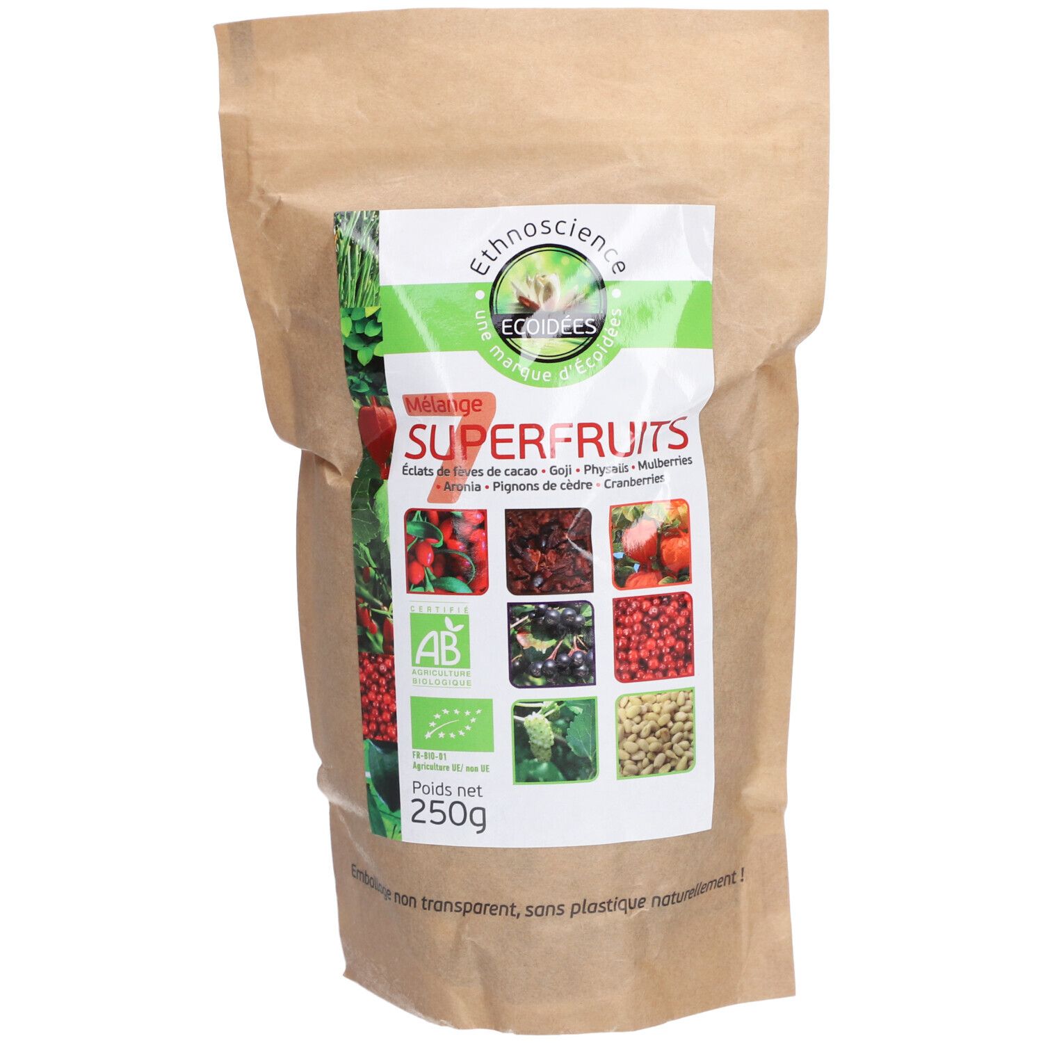 Sachet en papier avec étiquette. Inscription: Mélange Superfruits, ECOIDEES, label bio. Contenu: 250g.
