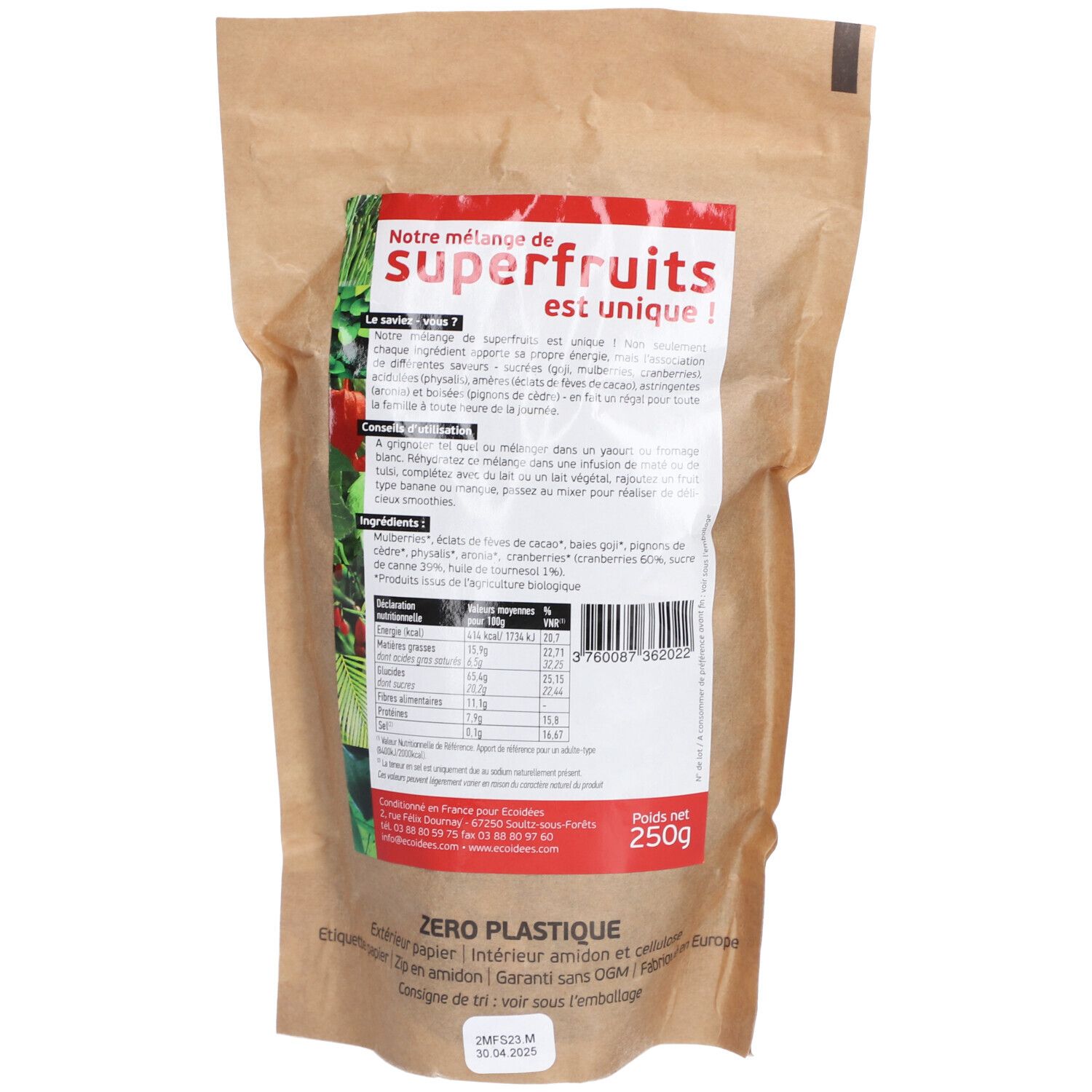 Dos du sachet. Texte: Mélange Superfruits, ingrédients, valeurs nutritionnelles, ECOIDEES. Contenu: 250g.