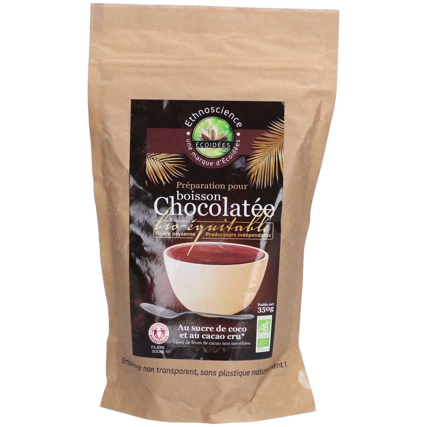 Sachet en papier avec texte. "Préparation pour boisson chocolatée bio-équitable". Logo ECOIDEES. 350g.