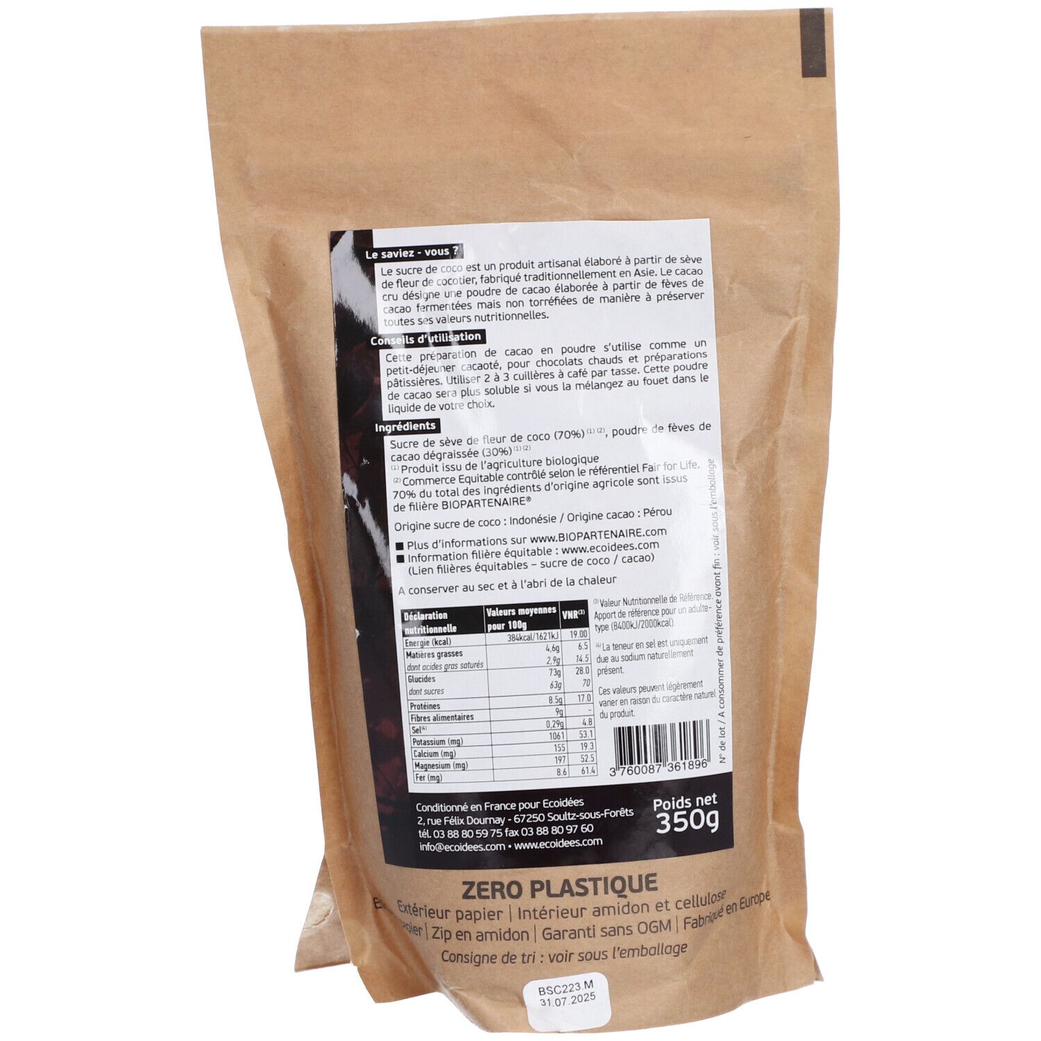 Dos du sachet. Texte et informations nutritionnelles. Logo "ZERO PLASTIC". Contenu: 350g.