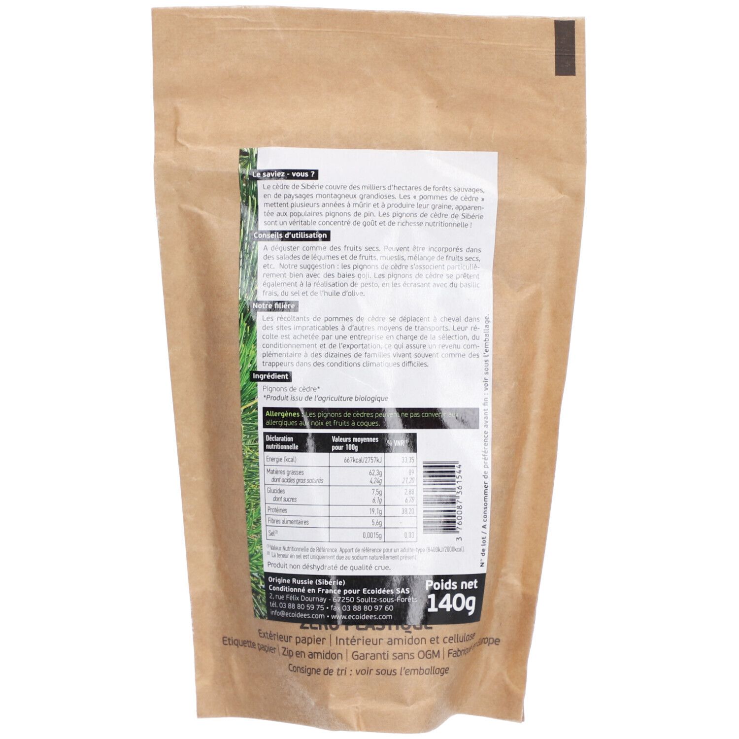 Dos du sachet. Texte et informations nutritionnelles. 140g.