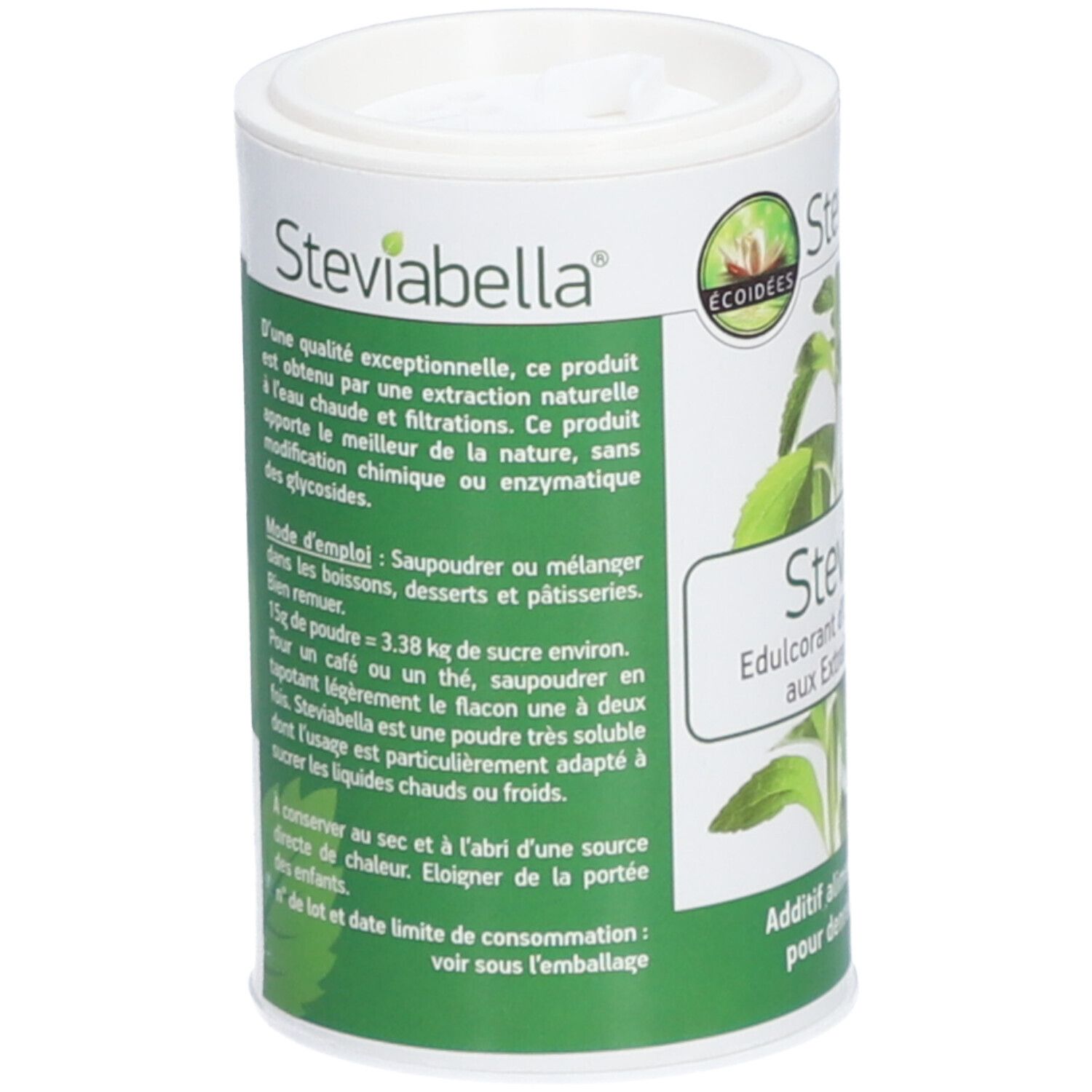 Boîte cylindrique avec texte. Extraits sur la qualité et l'utilisation. Inscription: Steviabella, Edulcorant d'origine végétale.