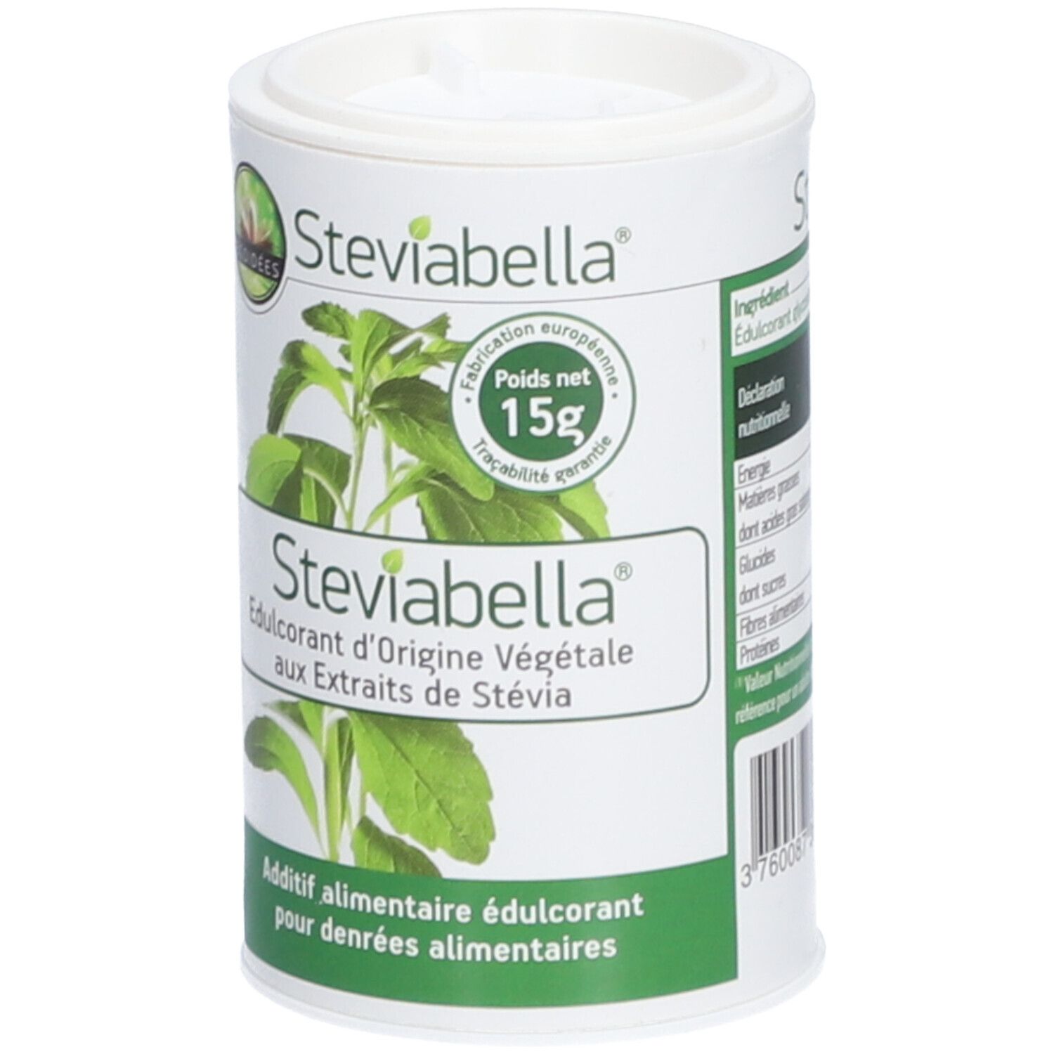 Boîte cylindrique avec étiquette verte et blanche. Inscription: Steviabella, Edulcorant d'origine végétale. Poids net 15g. Informations nutritionnelles.