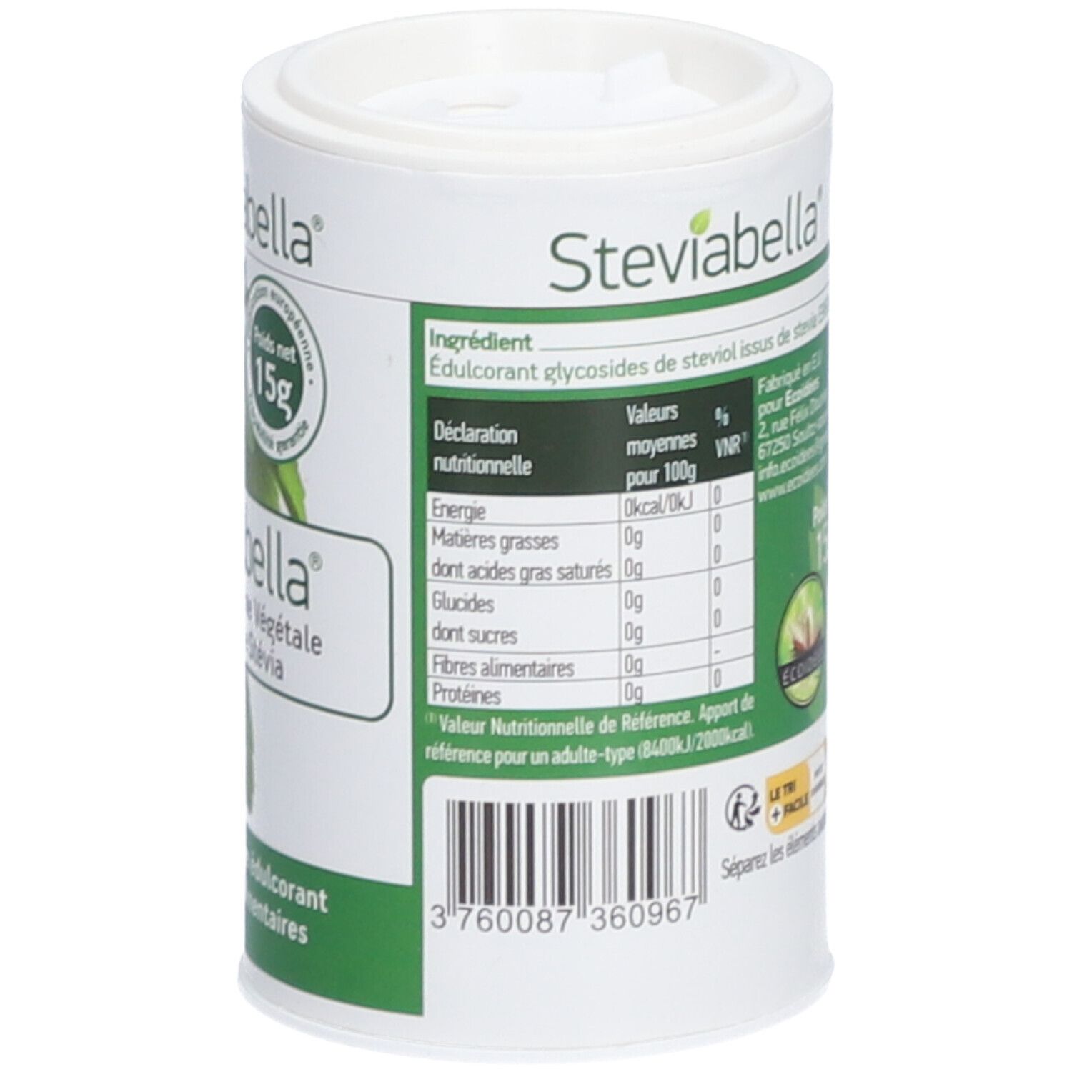 Boîte cylindrique avec texte et étiquette. Inscription: Steviabella, Edulcorant d'origine végétale. Poids net 15g. Informations nutritionnelles.