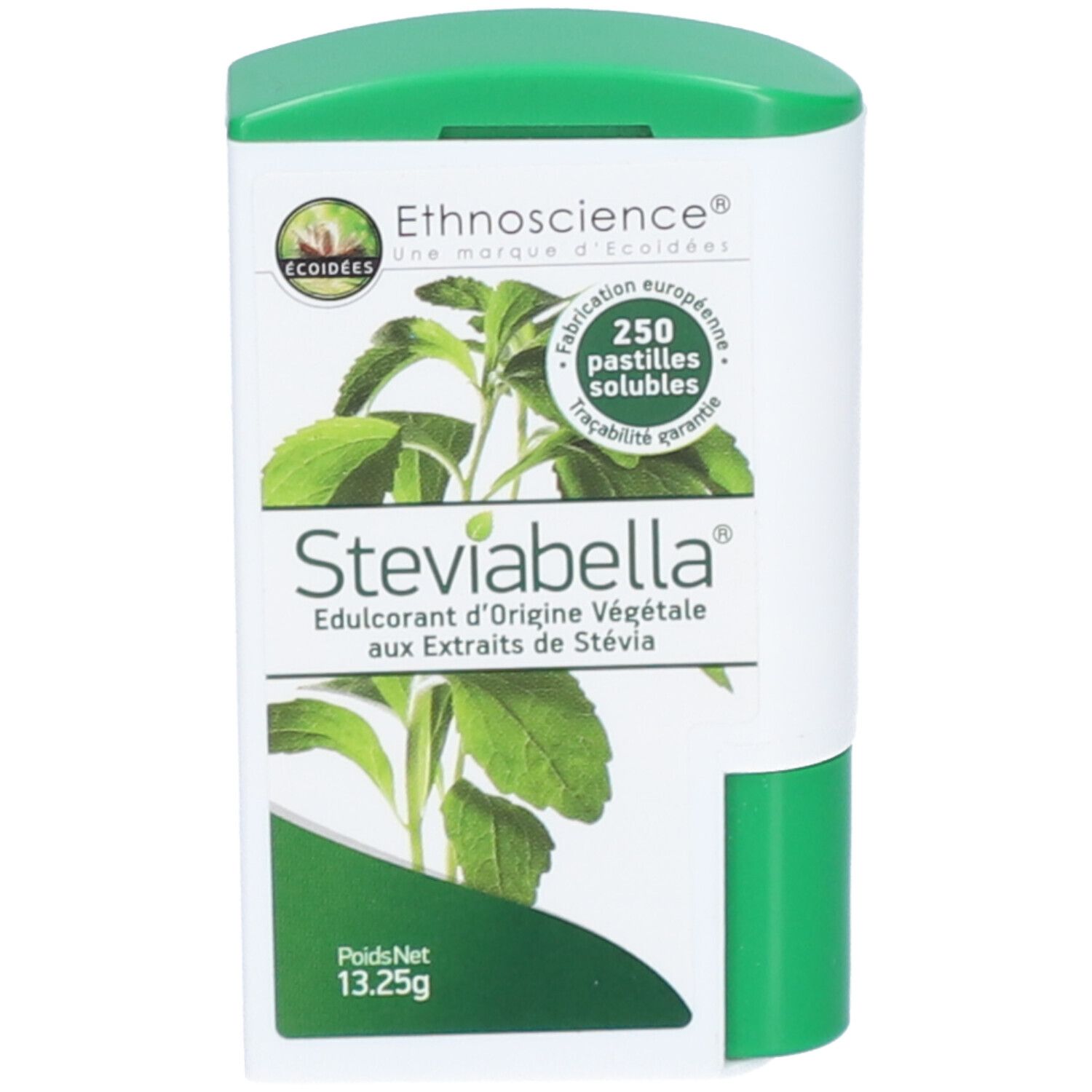 Distributeur blanc et vert. Inscription: Steviabella, 250 pastilles solubles, Ethnoscience. Poids net 13.25g.