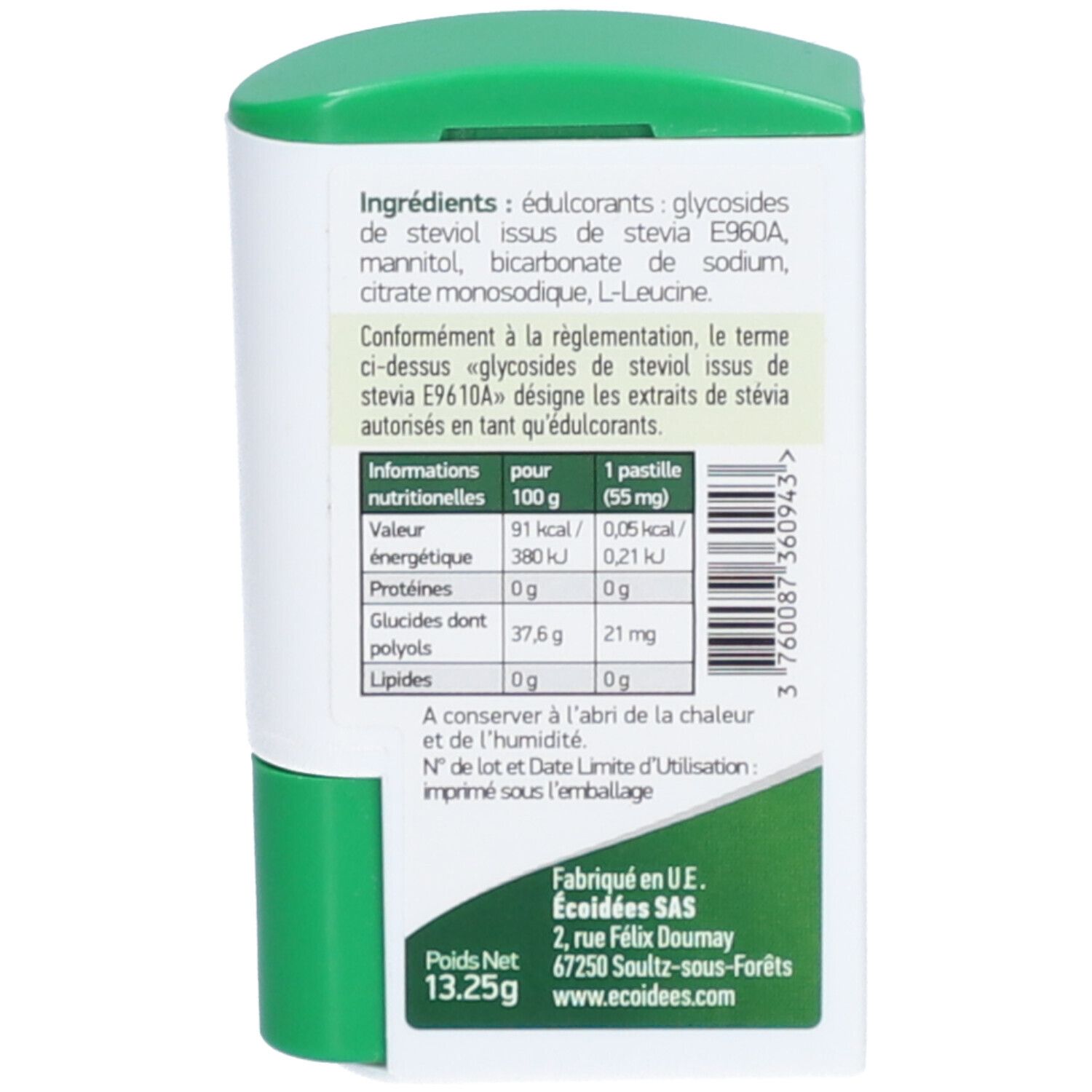 Dos du distributeur de comprimés. Contient des informations sur les ingrédients et les valeurs nutritionnelles.