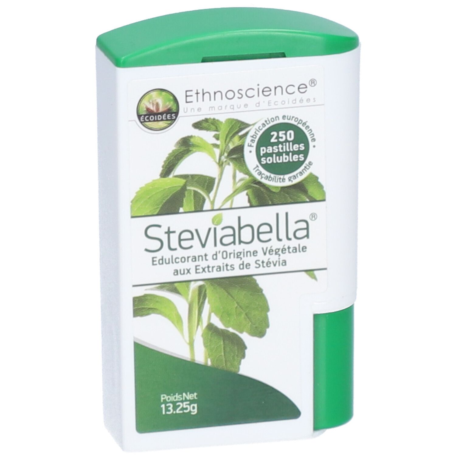 Distributeur de comprimés blanc et vert. Inscription: Steviabella, 250 pastilles solubles, Ethnoscience.