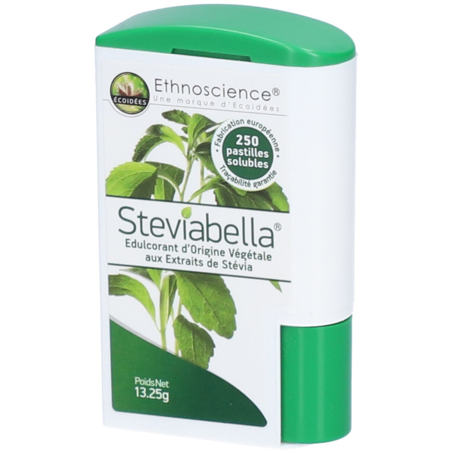 Distributeur de comprimés blanc et vert. Inscription: Steviabella, 250 pastilles solubles, Ethnoscience.