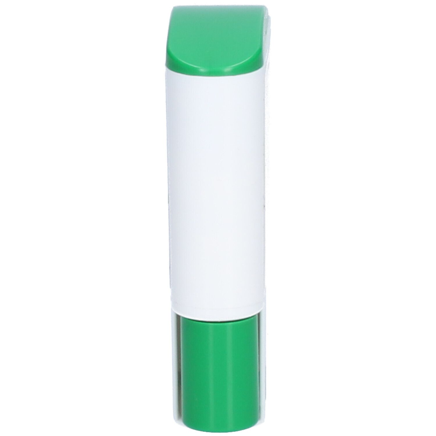 Distributeur de comprimés blanc et vert, vue verticale.