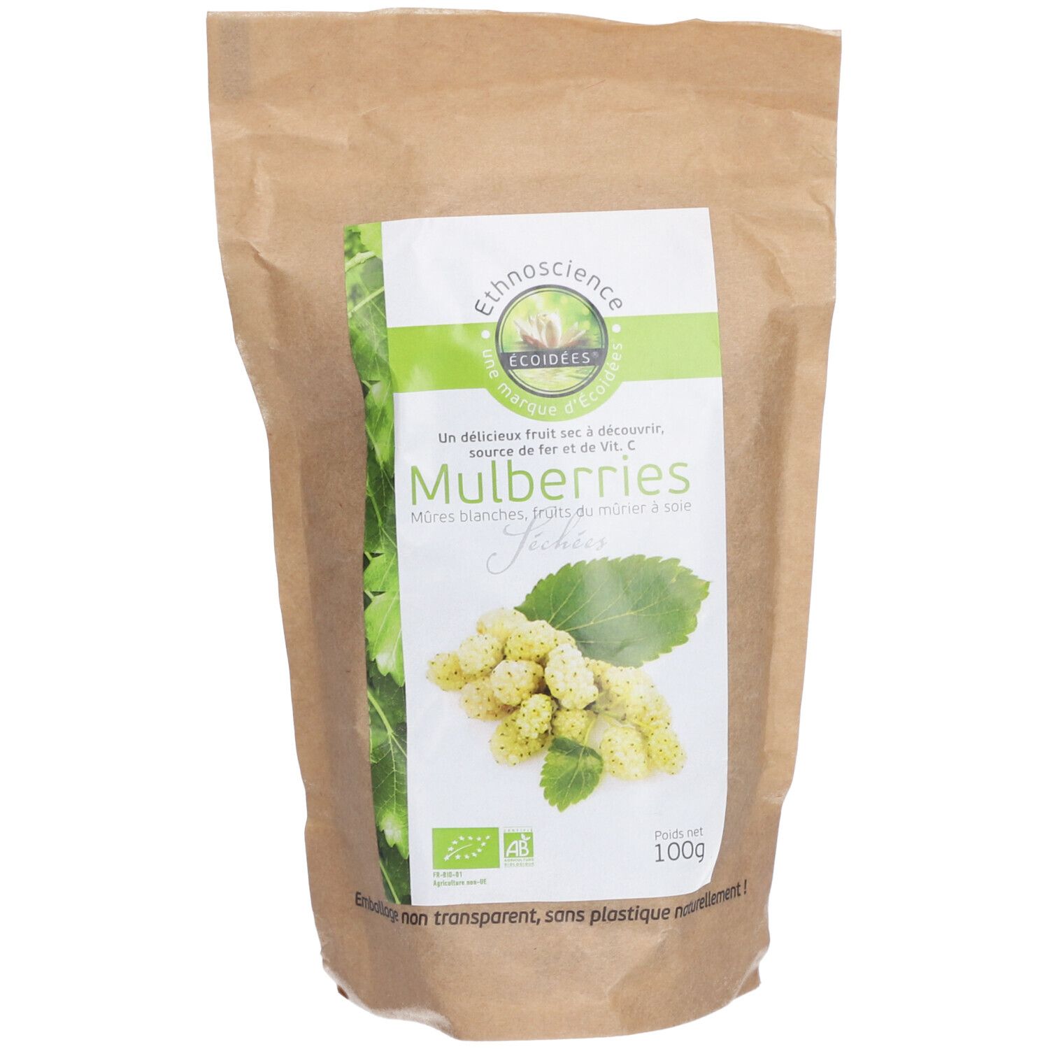 Sachet de Mulberries blanches Bio Ecoidées. Étiquette avec informations produit et label bio.