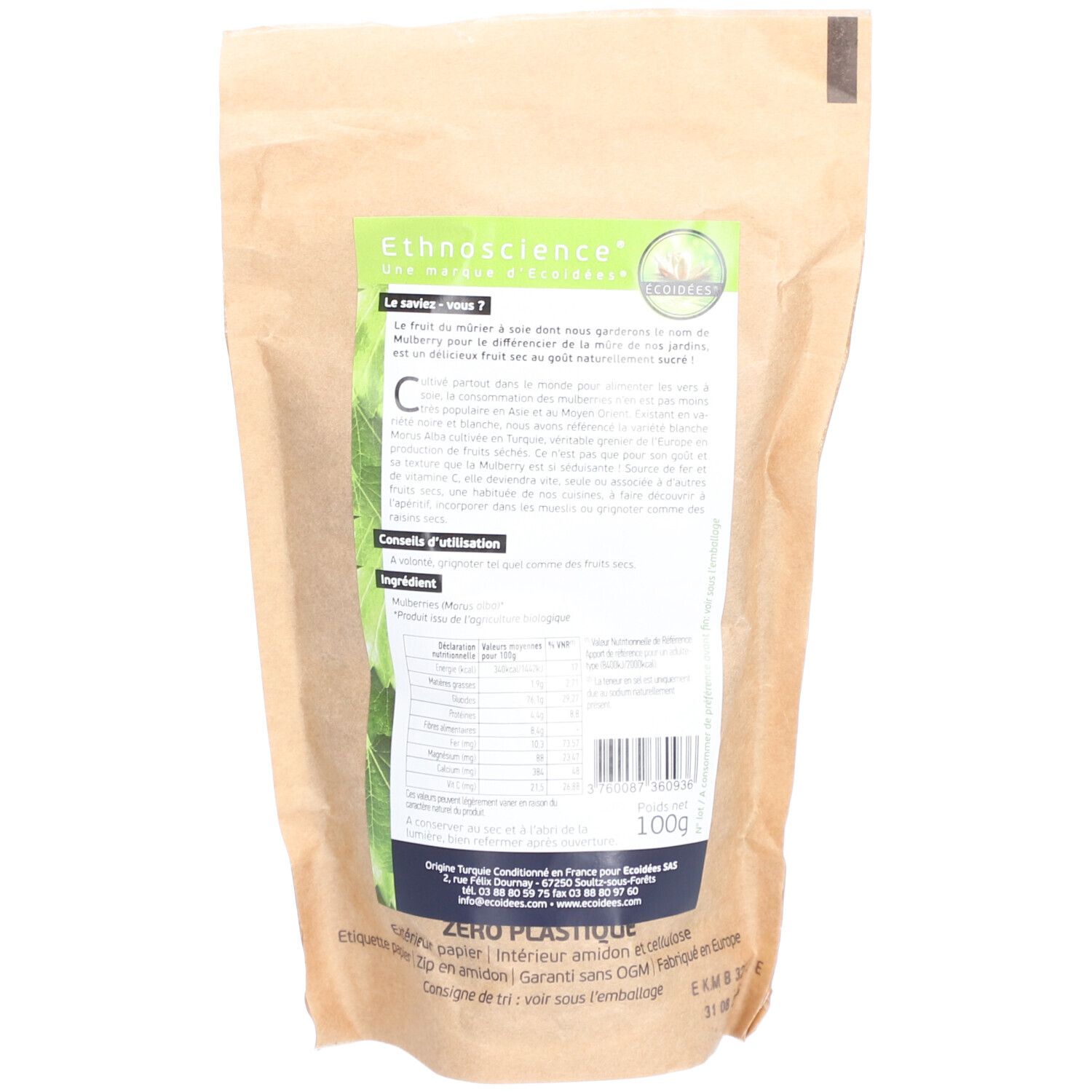 Dos du sachet Ecoidées Mulberries blanches Bio. Texte et informations nutritionnelles sur l'étiquette.