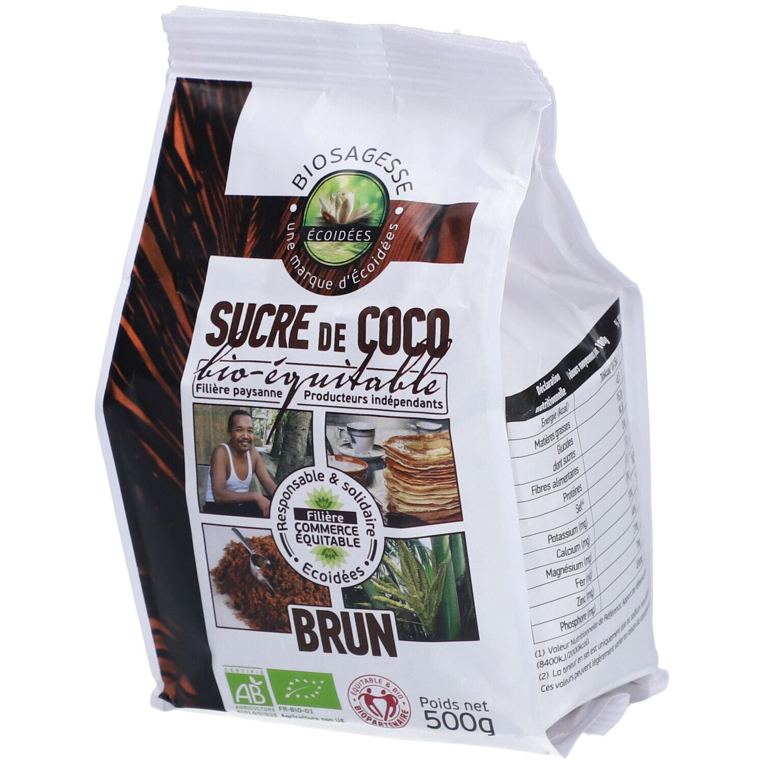 Sachet de sucre de coco bio-équitable. Marque ECOIDEES. Label AB et Fair-trade. Ingrédients et photos. Poids net 500g.