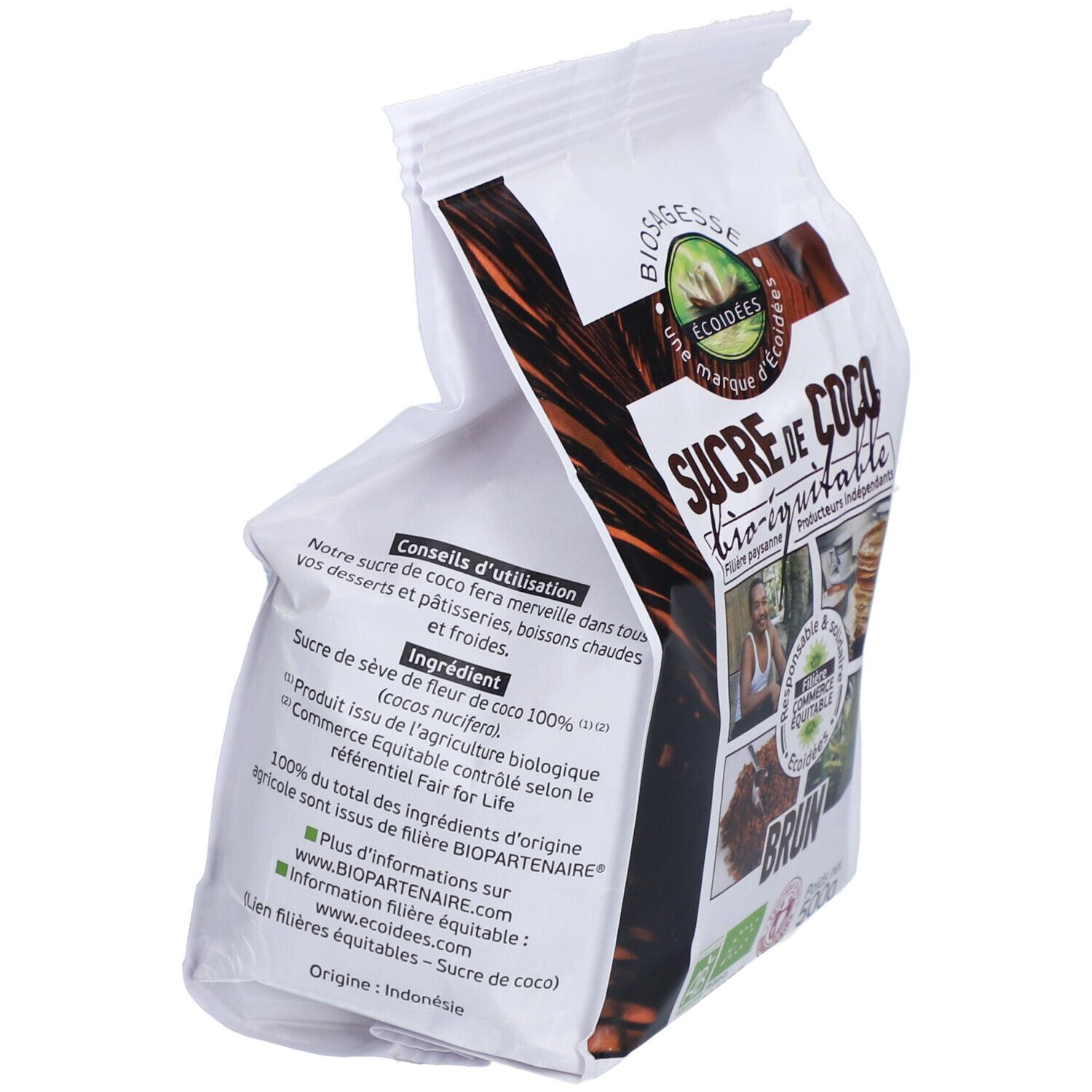 Dos du sachet de sucre de coco. Ingrédients, conseils d'utilisation et informations sur le commerce équitable.