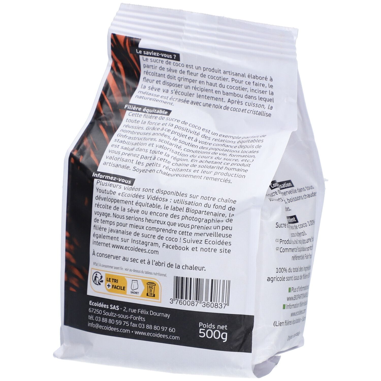 Dos du sachet de sucre de coco. Texte sur la fabrication et les principes du commerce équitable. Poids net 500g.