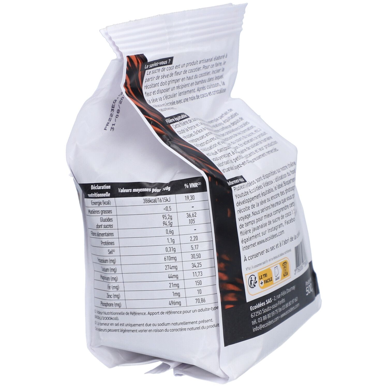 Dos du sachet de sucre de coco. Tableau des valeurs nutritionnelles : énergie, matières grasses, glucides, sucres, etc.
