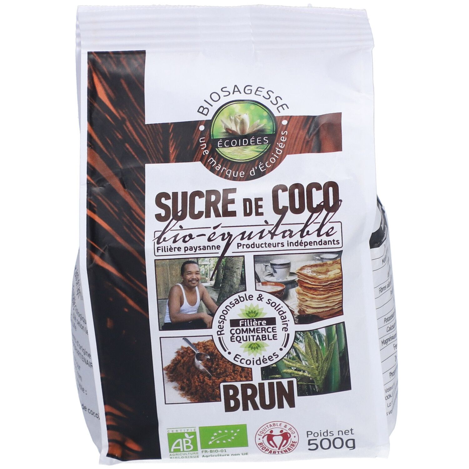 Sachet de sucre de coco bio-équitable. Marque ECOIDEES. Label AB et Fair-trade. Poids net 500g.