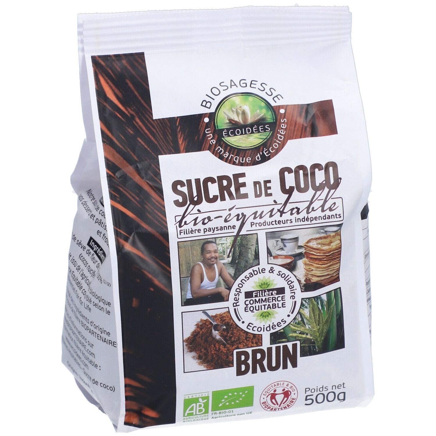 Sachet de sucre de coco bio-équitable. Marque ECOIDEES. Label AB et Fair-trade. Poids net 500g.