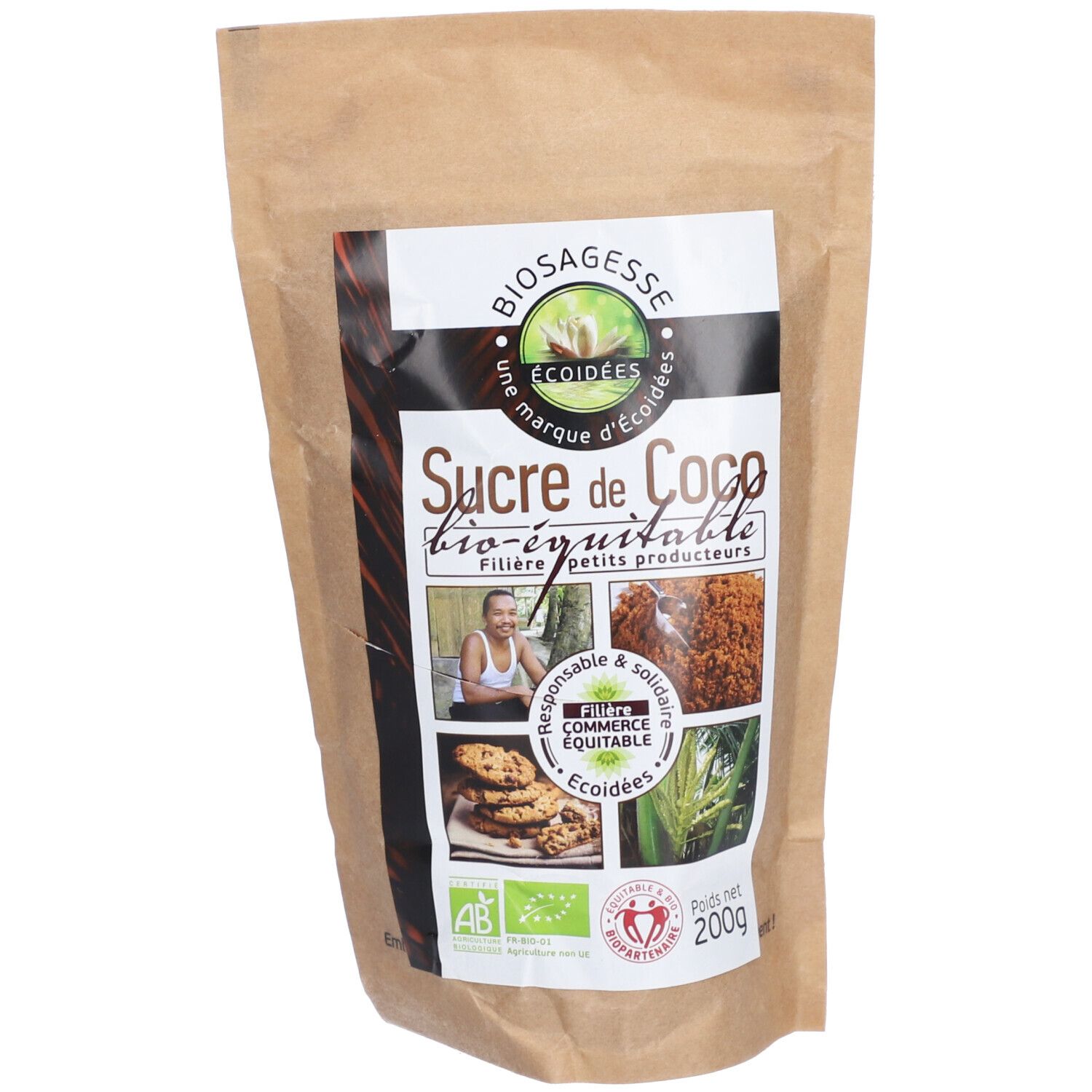 Sachet de sucre de coco bio-équitable. Label avec logo et texte. Emballage brun.