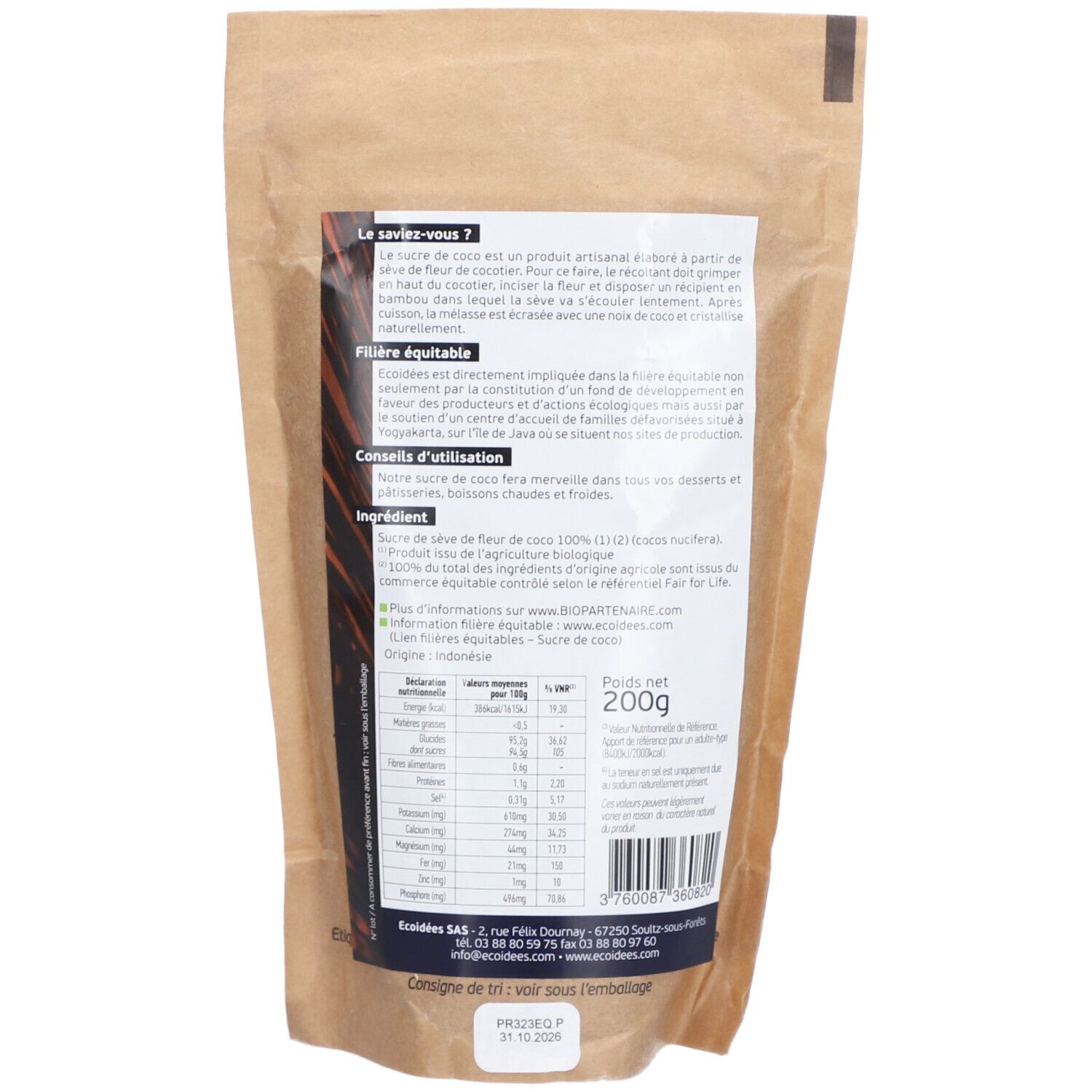 Dos du sachet avec texte et tableau nutritionnel. Emballage brun.