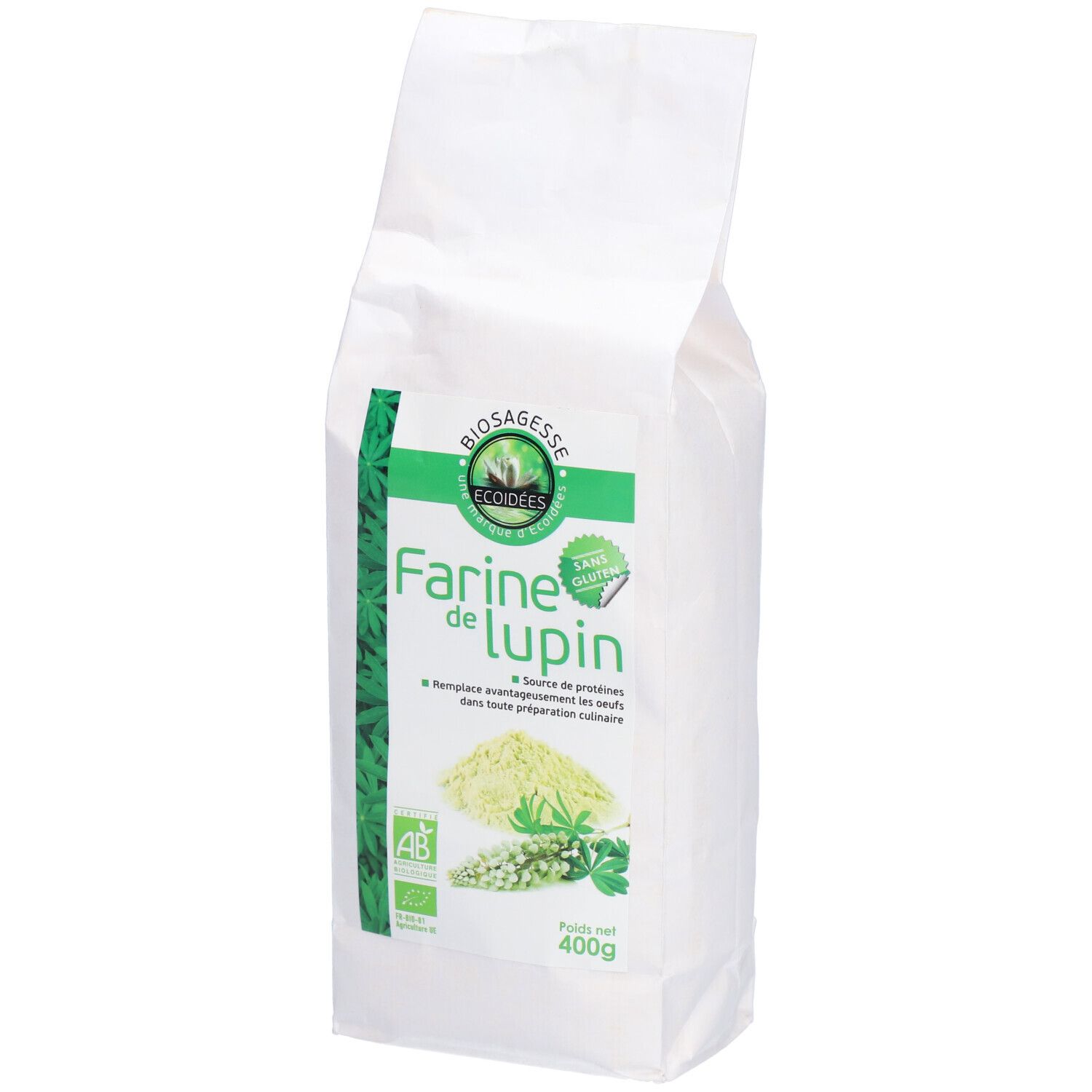 Sachet blanc avec texte: Farine de lupin, ECOIDEES, Biosagesse. Logo AB. Poids net 400g.