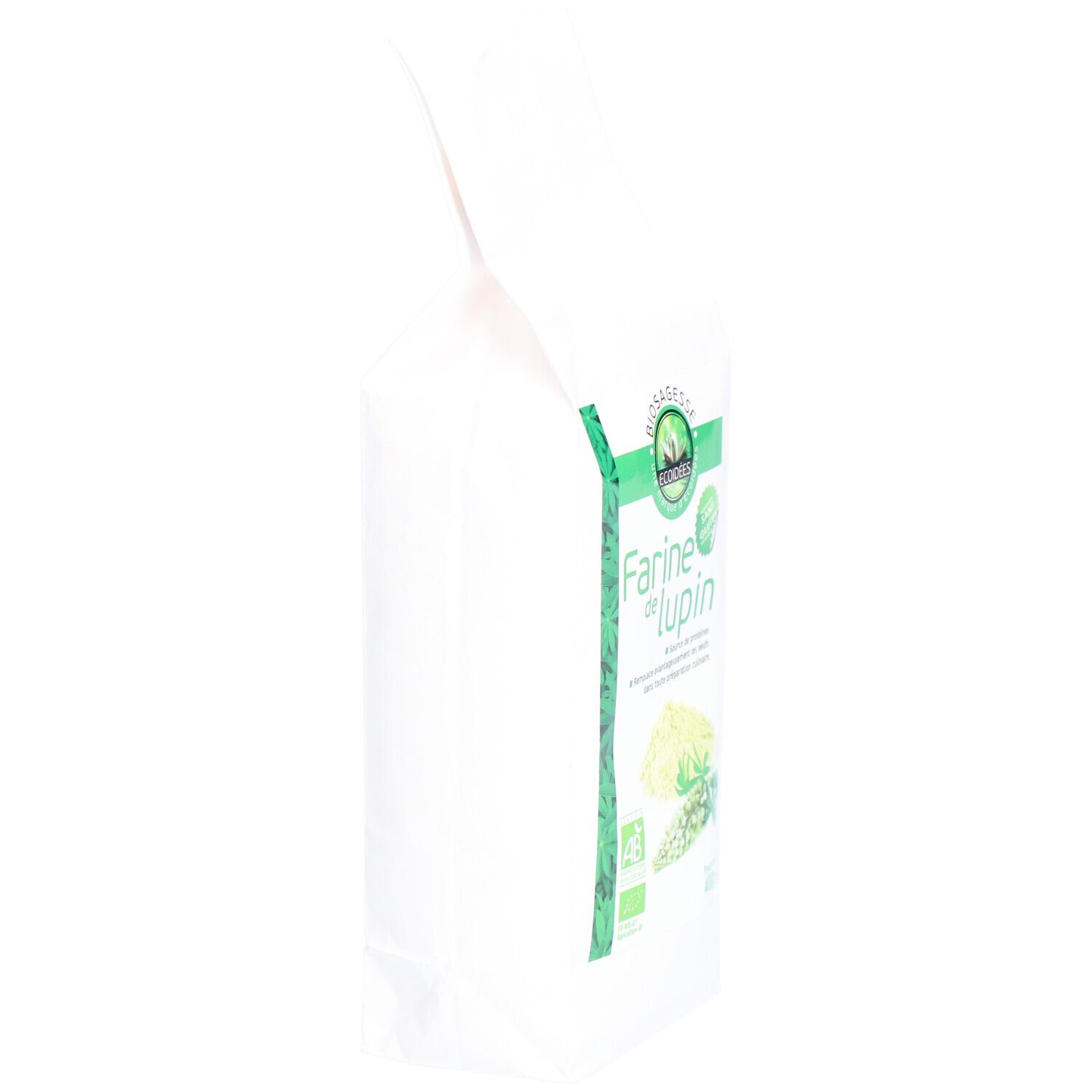 Sachet blanc, vue latérale. Texte partiel visible: ECOIDEES, Farine de lupin.
