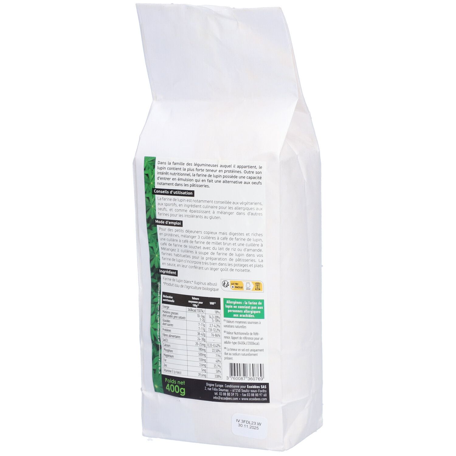 Dos du sachet blanc. Texte et informations nutritionnelles. ECOIDEES, Farine de lupin. 400g.