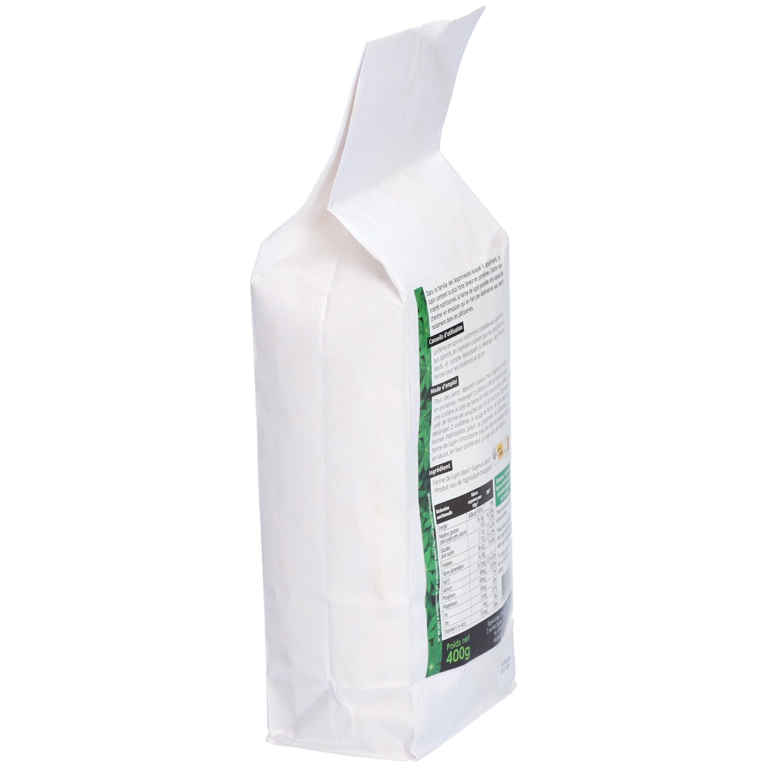 Vue latérale du sachet blanc. Texte et informations nutritionnelles partiellement visibles. 400g.