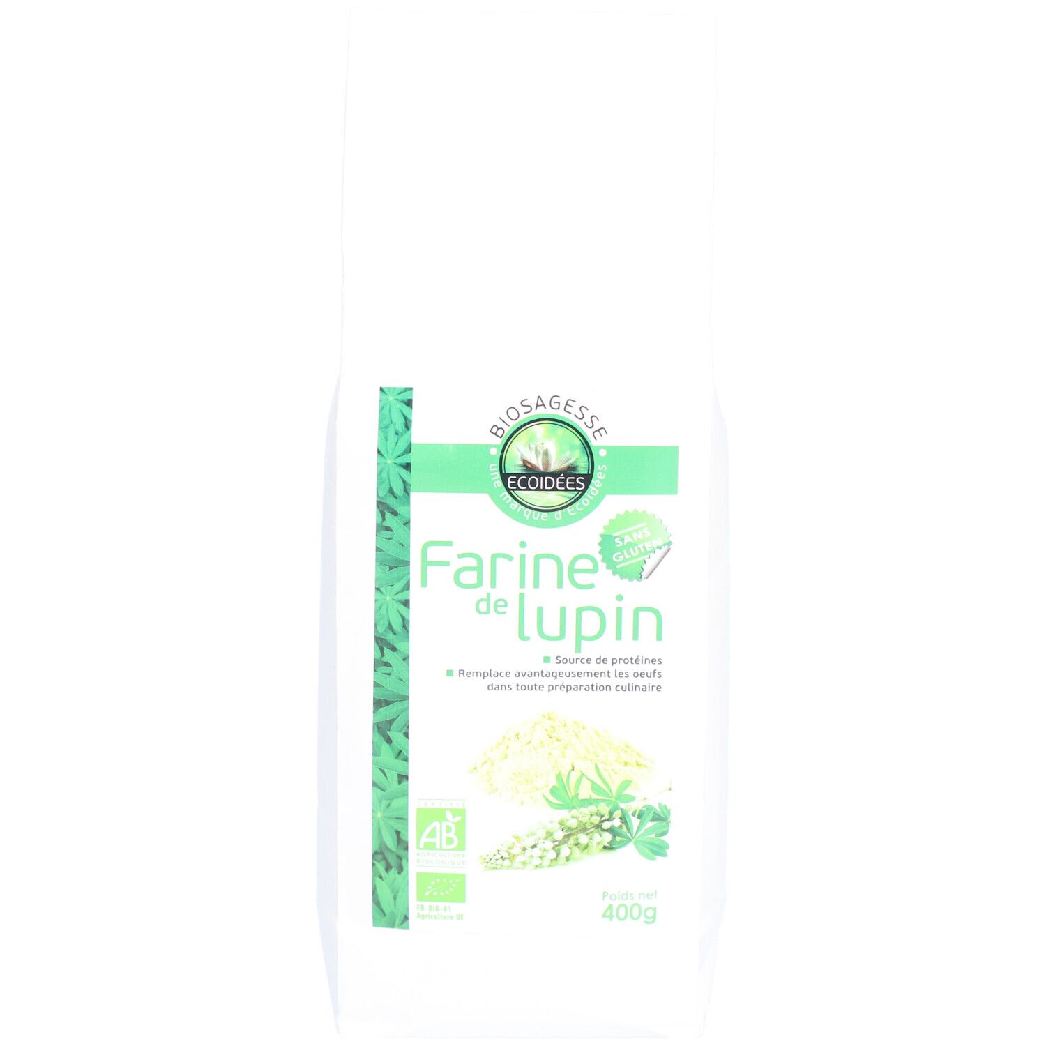 Sachet blanc avec texte: Farine de lupin, ECOIDEES, Biosagesse. Logo AB. Poids net 400g.