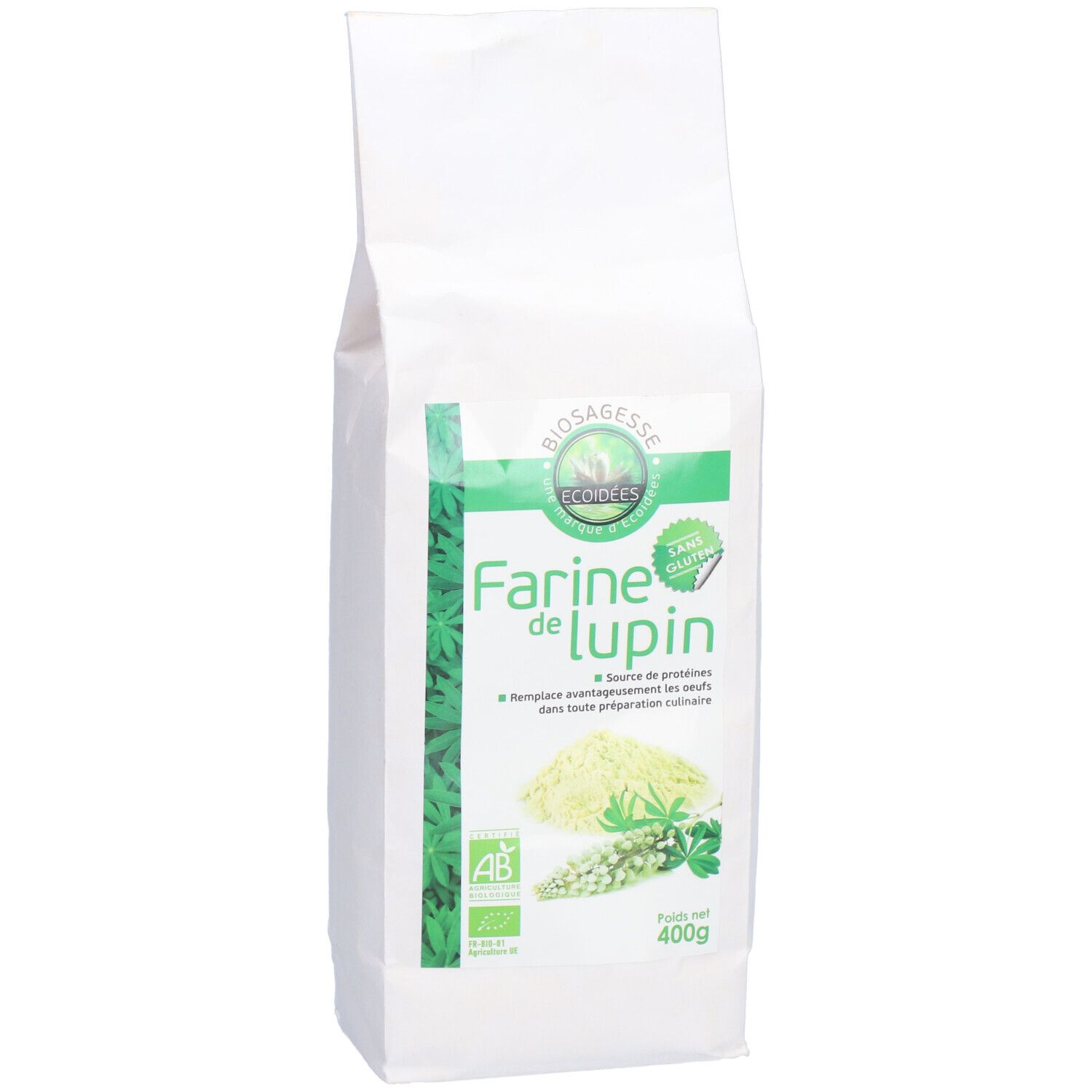 Sachet blanc avec texte: Farine de lupin, ECOIDEES, Biosagesse. Logo AB. Poids net 400g.