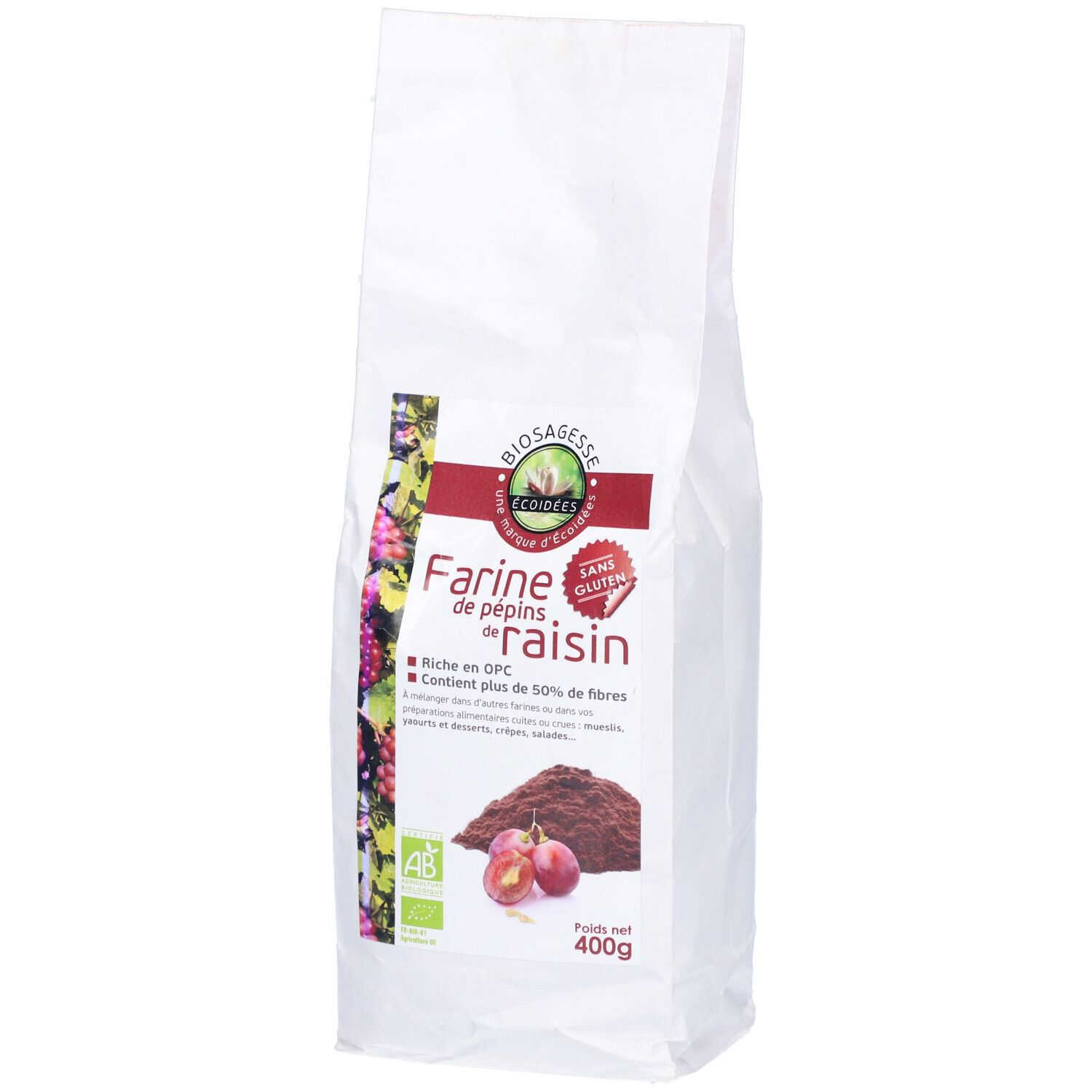 Weißer Beutel mit Aufdruck. Aufschrift: Farine de pépins de raisin, ohne Gluten, 400g. Logo Biosagesse.