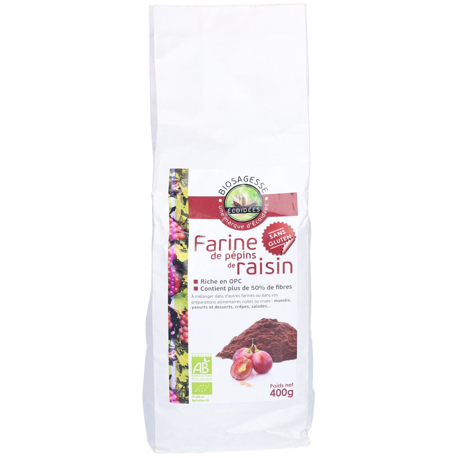 Weißer Beutel mit Aufdruck. Aufschrift: Farine de pépins de raisin, ohne Gluten, 400g. Logo Biosagesse. Abbildung von Trauben.