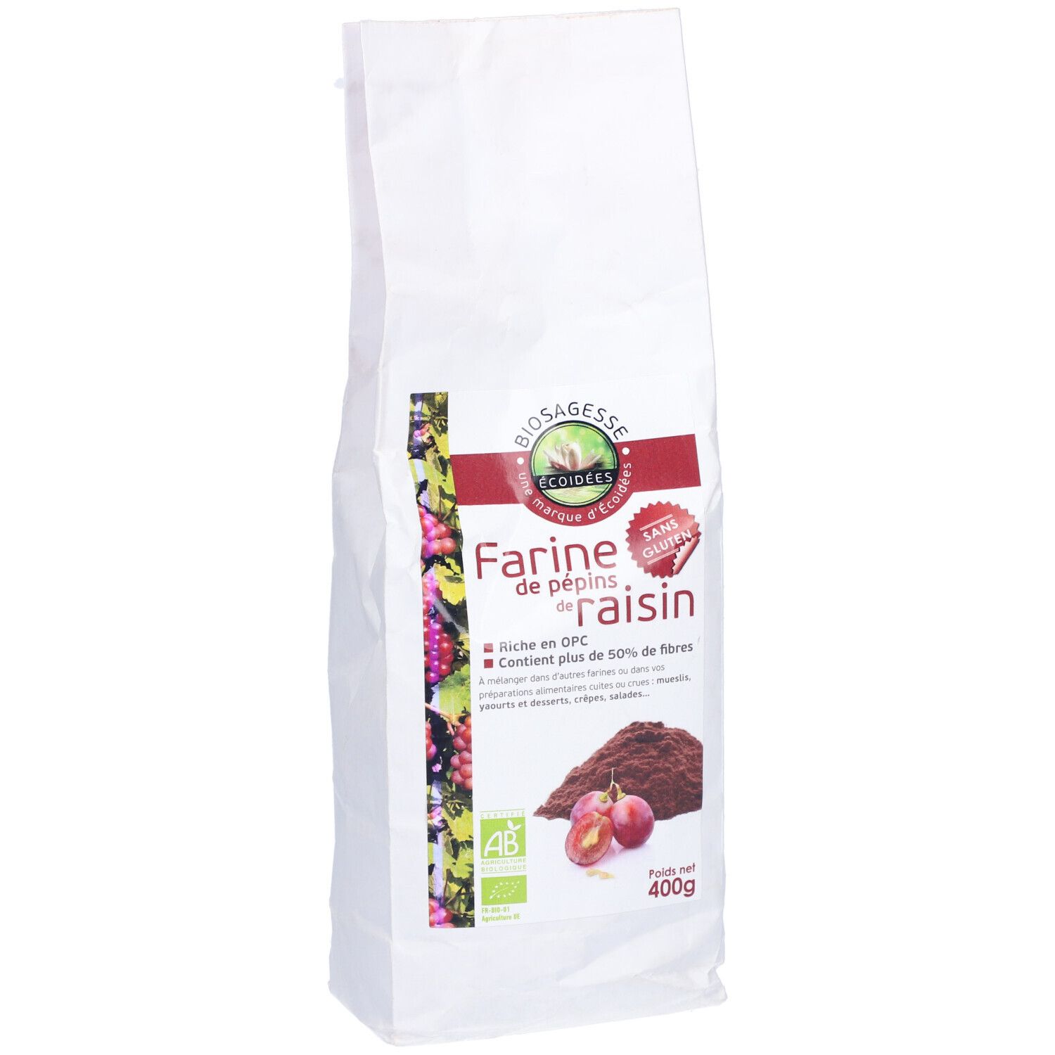 Weißer Beutel mit Aufdruck. Aufschrift: Farine de pépins de raisin, ohne Gluten, 400g. Logo Biosagesse. Abbildung von Trauben.