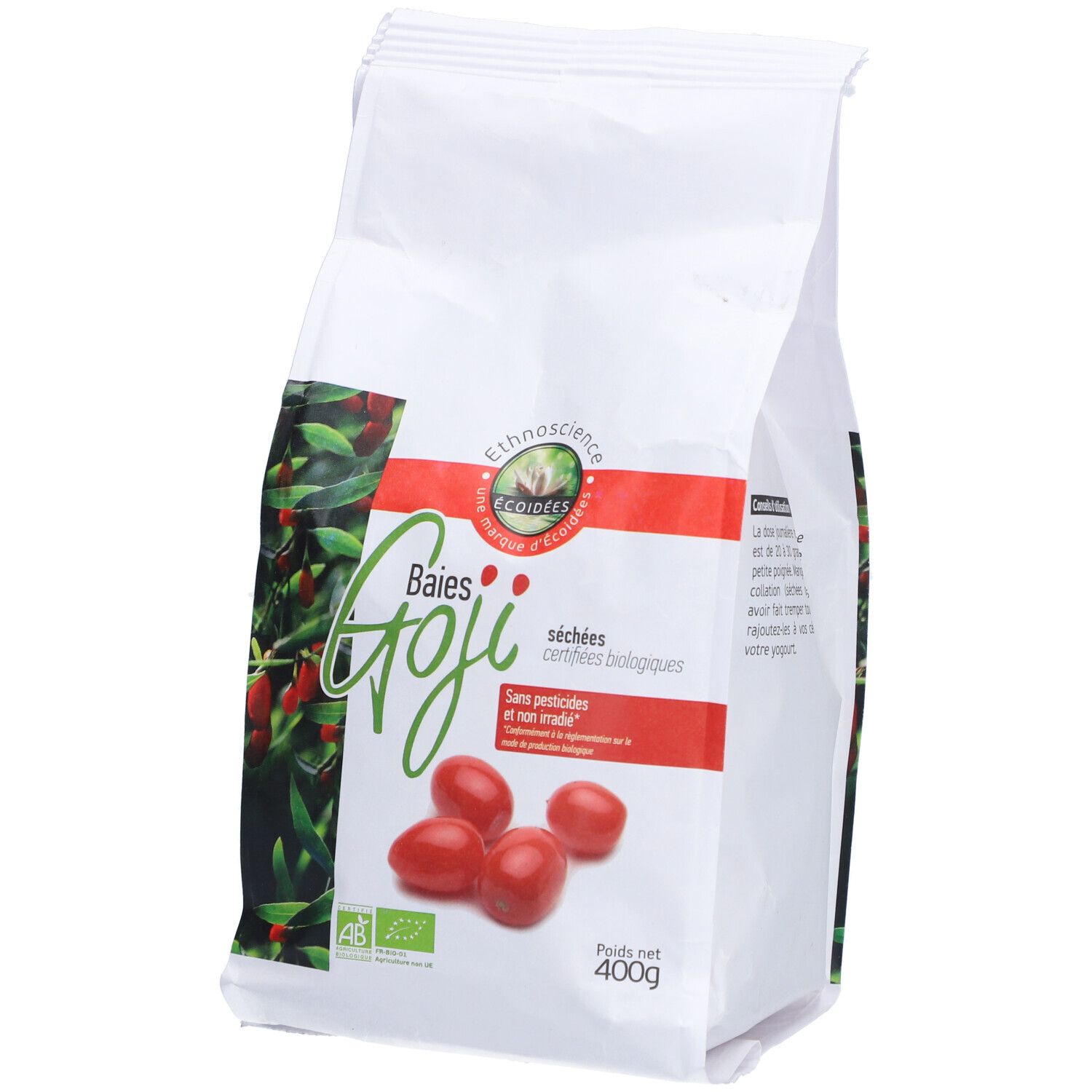 Sachet de baies de Goji séchées. Inscription: Baies Goji, sans pesticides. Label bio.