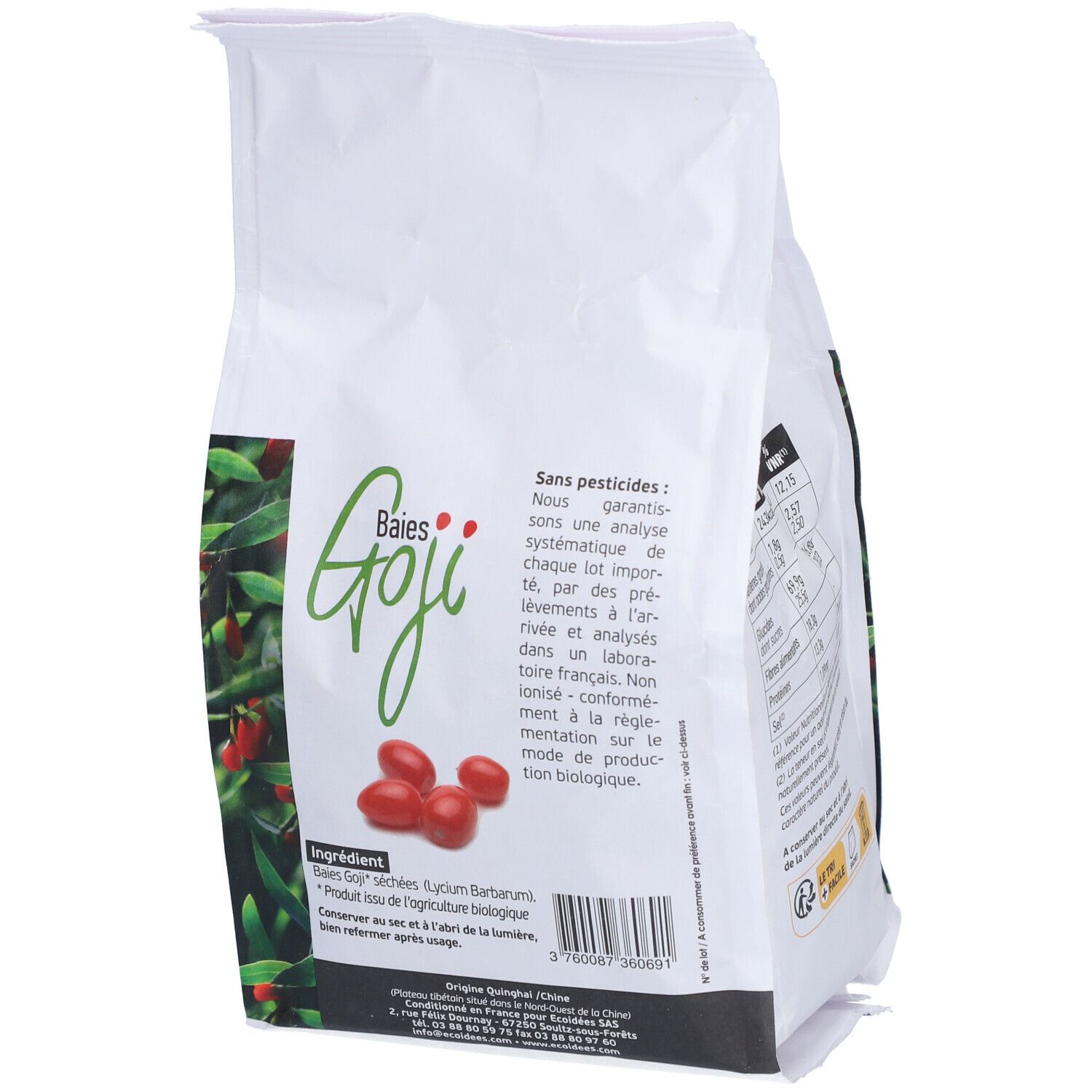 Dos du sachet de baies de Goji séchées. Liste des ingrédients, code-barres. Label bio.