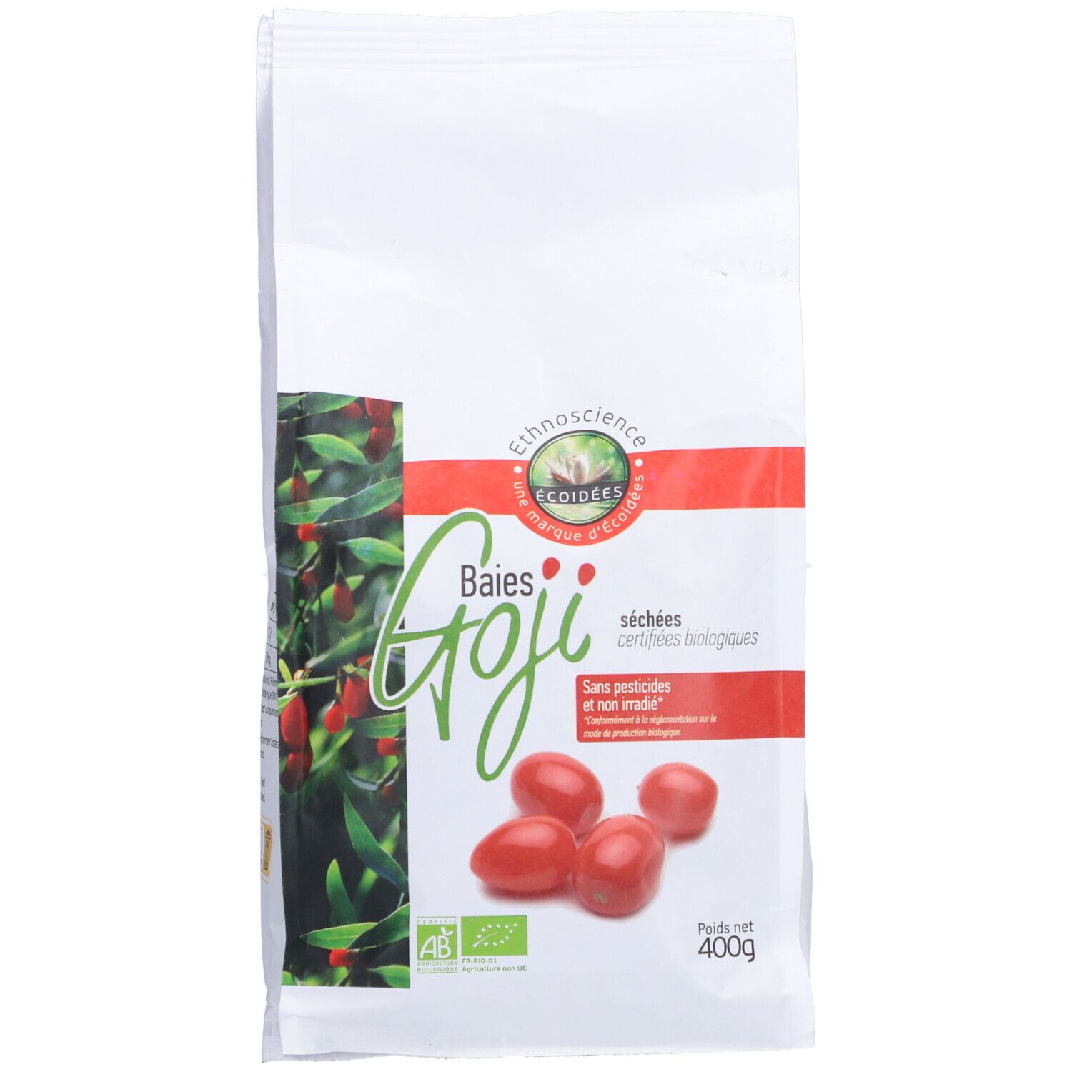 Sachet de baies de Goji séchées. Inscription: Baies Goji, sans pesticides. Label bio.