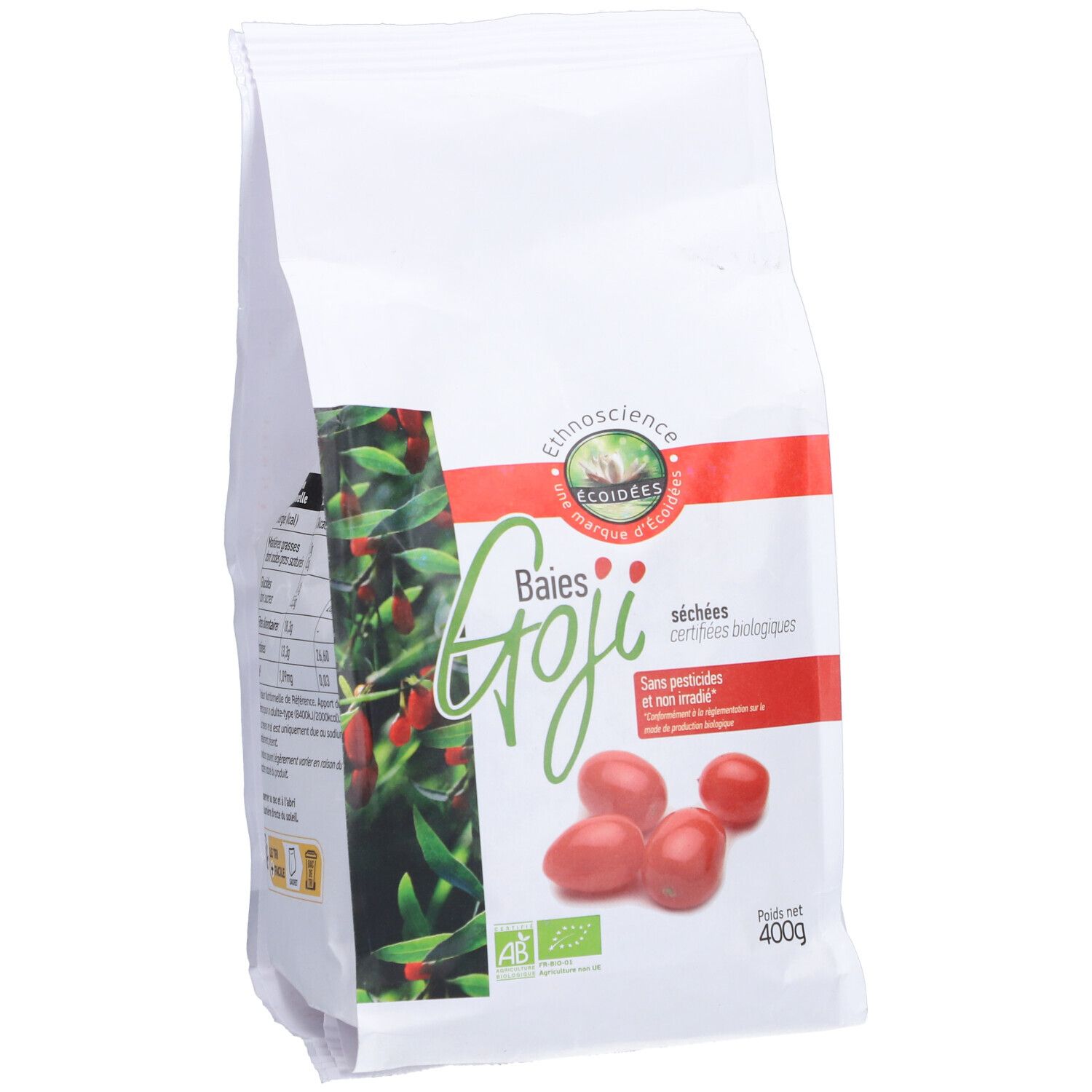 Sachet de baies de Goji séchées. Inscription: Baies Goji, sans pesticides. Label bio.