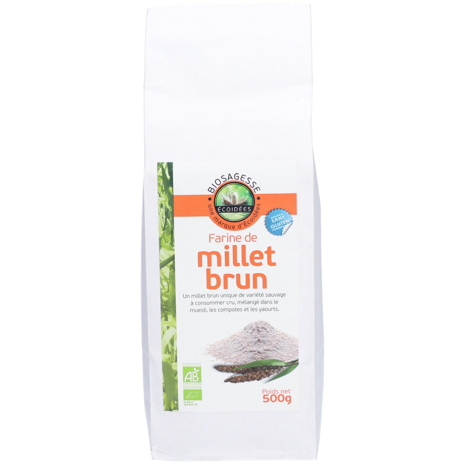 Weißer Beutel mit Aufdruck. "Farine de millet brun" und Logo. 500g Packung. Bio-Siegel.