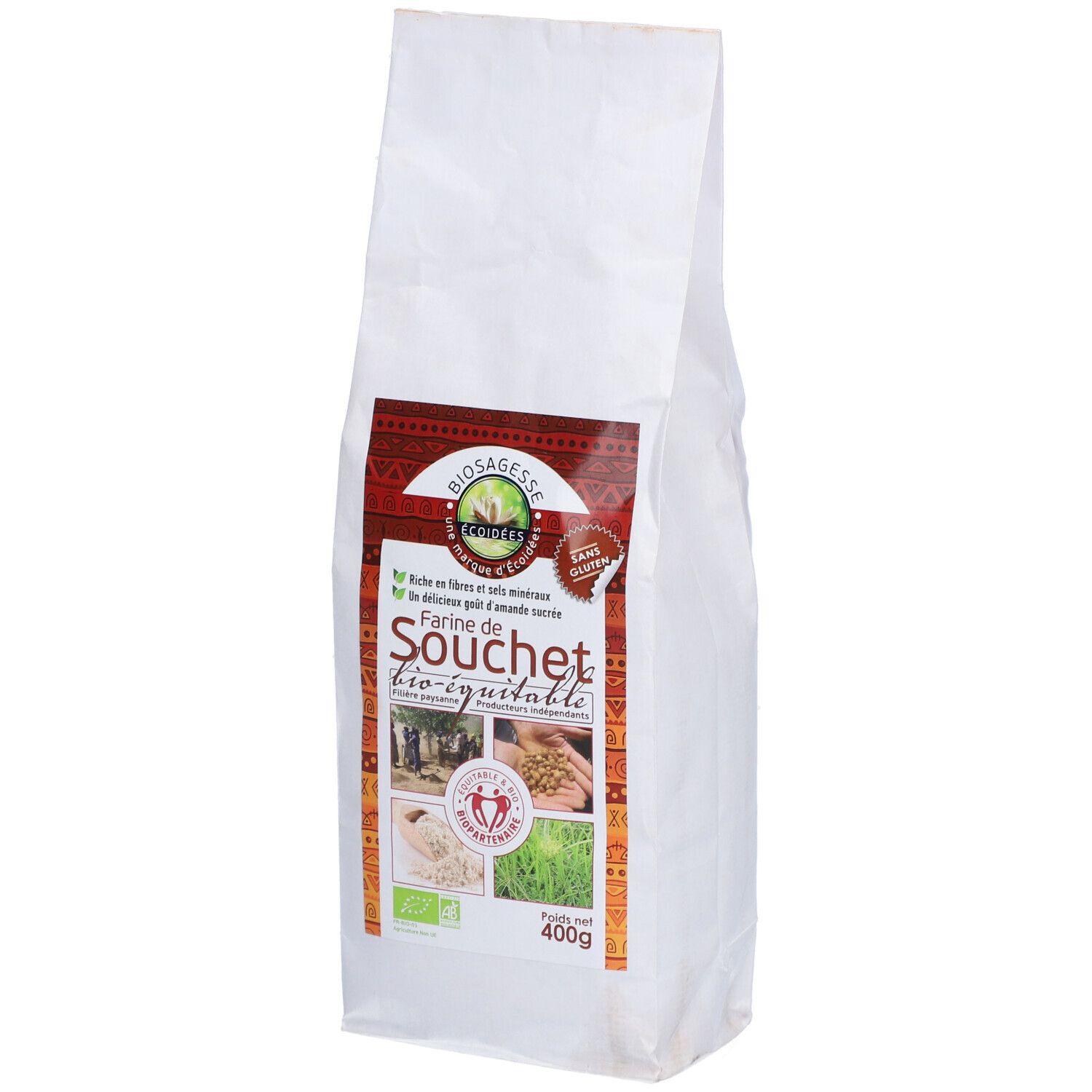 Sac blanc avec impression. Inscription: Farine de Souchet bio-équitable. 400g. Label bio.