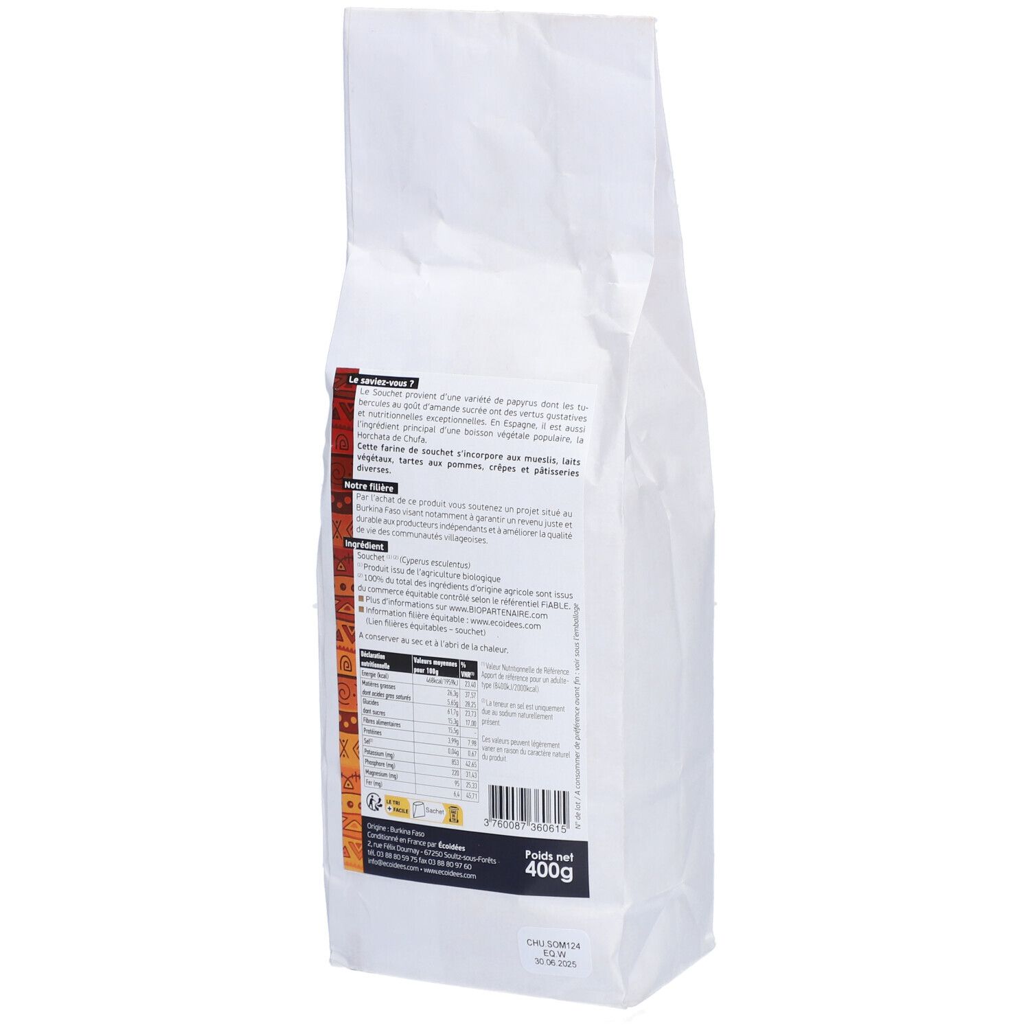 Dos d'un sac blanc. Texte et informations nutritionnelles. Inscription: Farine de Souchet. 400g.