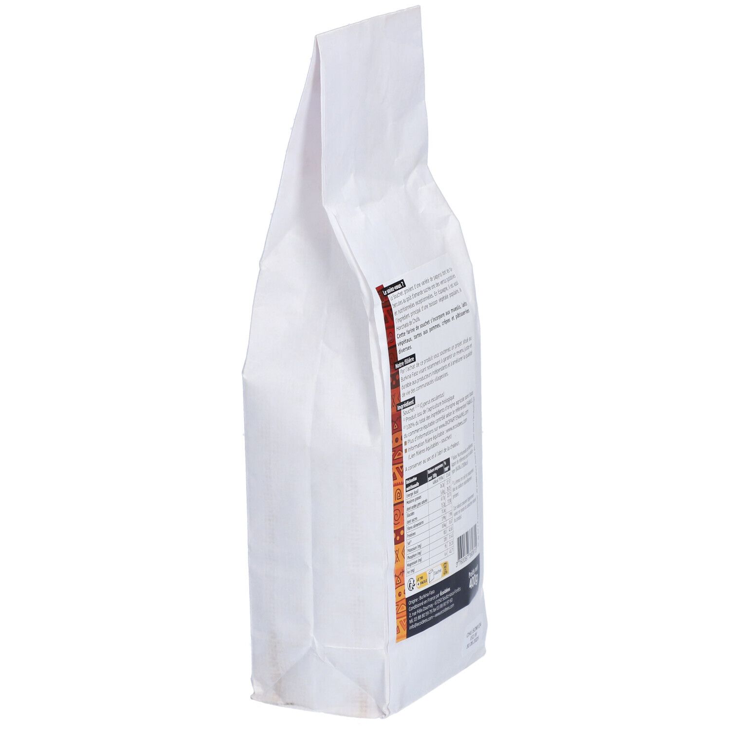 Vue latérale d'un sac blanc. Texte et informations nutritionnelles. Inscription: Farine de Souchet. 400g.