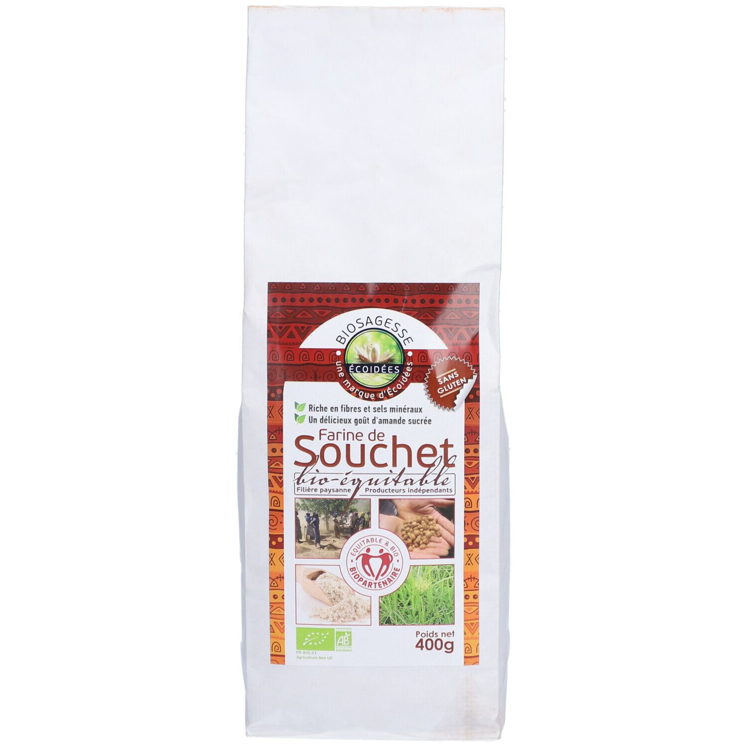 Sac blanc avec impression. Inscription: Farine de Souchet bio-équitable. 400g. Label bio.