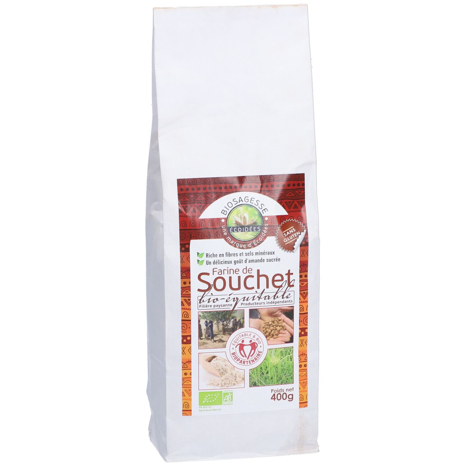 Sac blanc avec impression. Inscription: Farine de Souchet bio-équitable. 400g. Label bio.