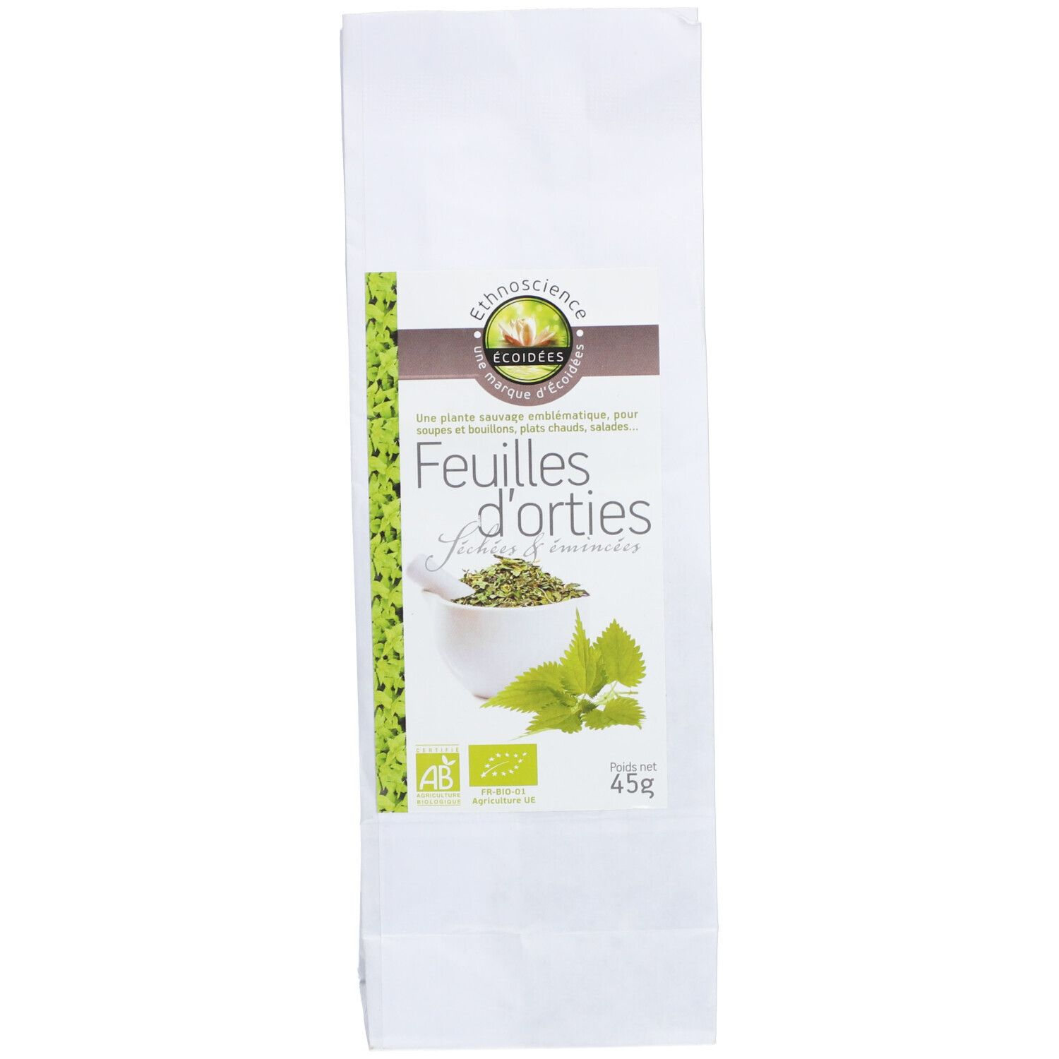 Sachet en papier blanc avec impression verte. Logo et nom du produit. Contenu : feuilles séchées. Certification bio. Poids : 45g.