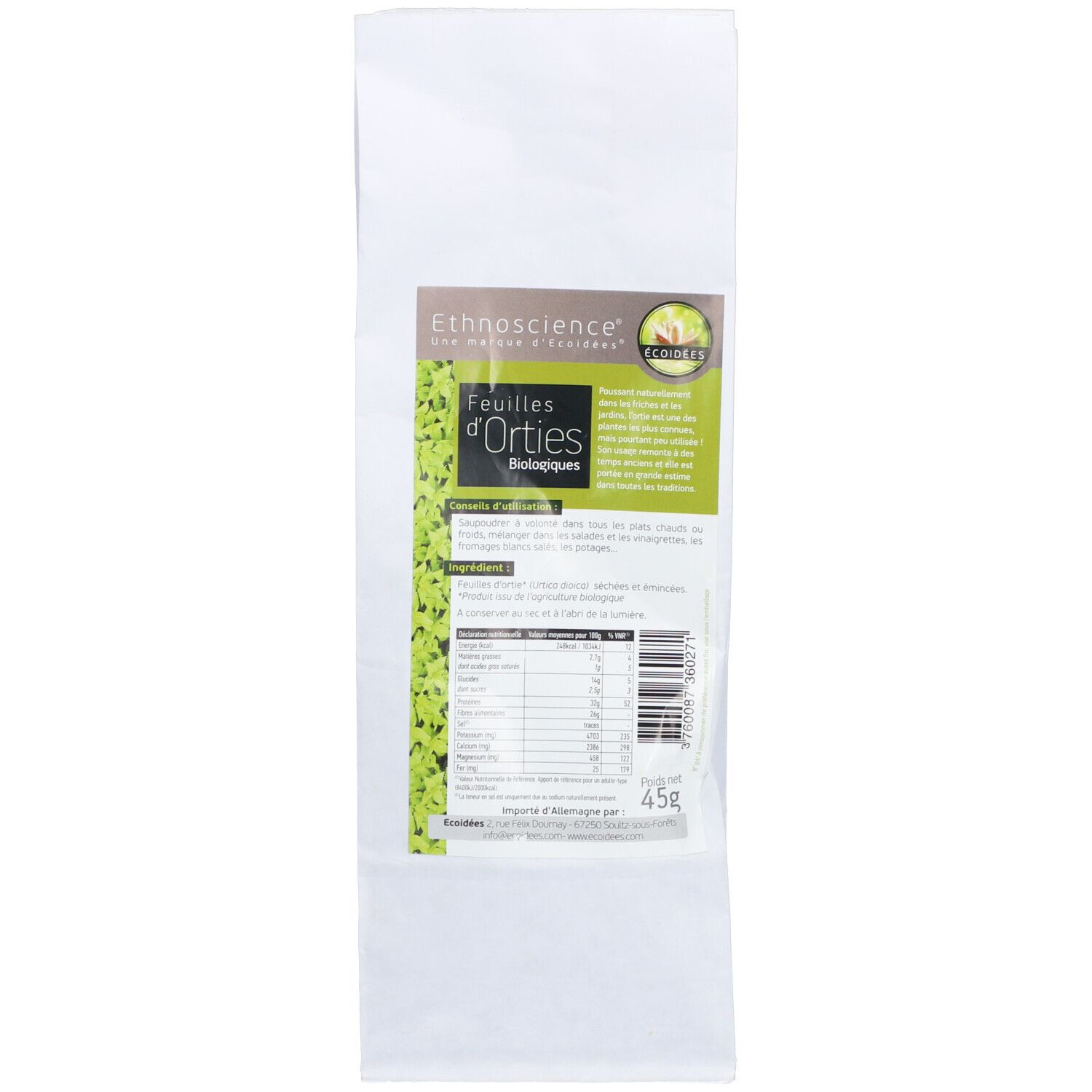 Sachet en papier blanc avec impression verte. Nom du produit et tableau nutritionnel. Certification bio. Poids : 45g. Code-barres.