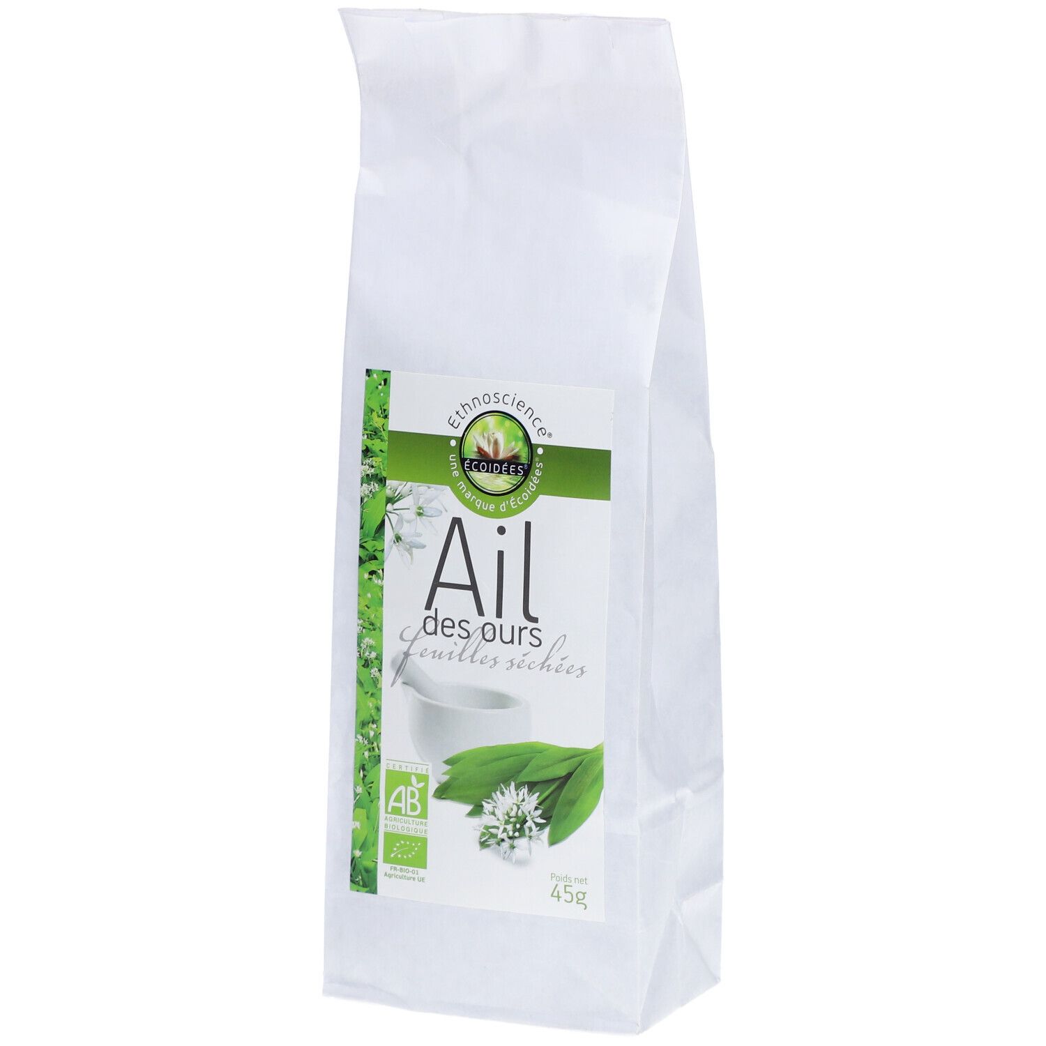Weißer Beutel mit Aufdruck. Label mit Text: Ail des ours, Blätter. Bio-Siegel. 45g.