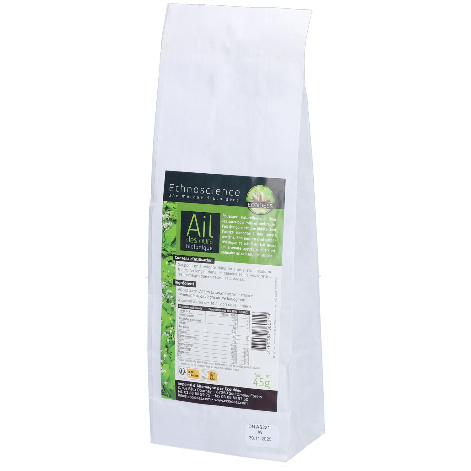 Weißer Beutel mit Etikett. Text: Ail des ours, Blätter. Nährwertangaben. Bio-Siegel. 45g.