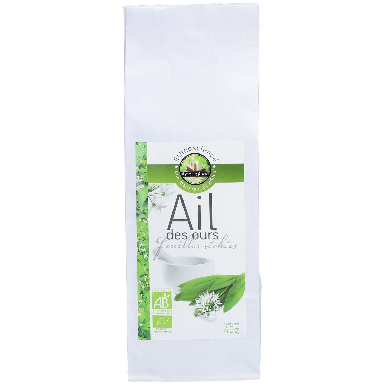 Weißer Beutel mit Aufdruck. Label mit Text: Ail des ours, Blätter. Bio-Siegel. 45g.
