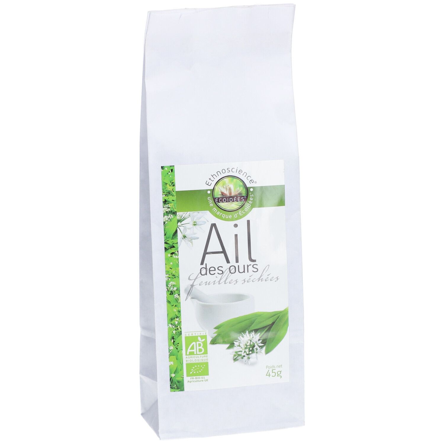 Weißer Beutel mit Aufdruck. Label mit Text: Ail des ours, Blätter. Bio-Siegel. 45g.
