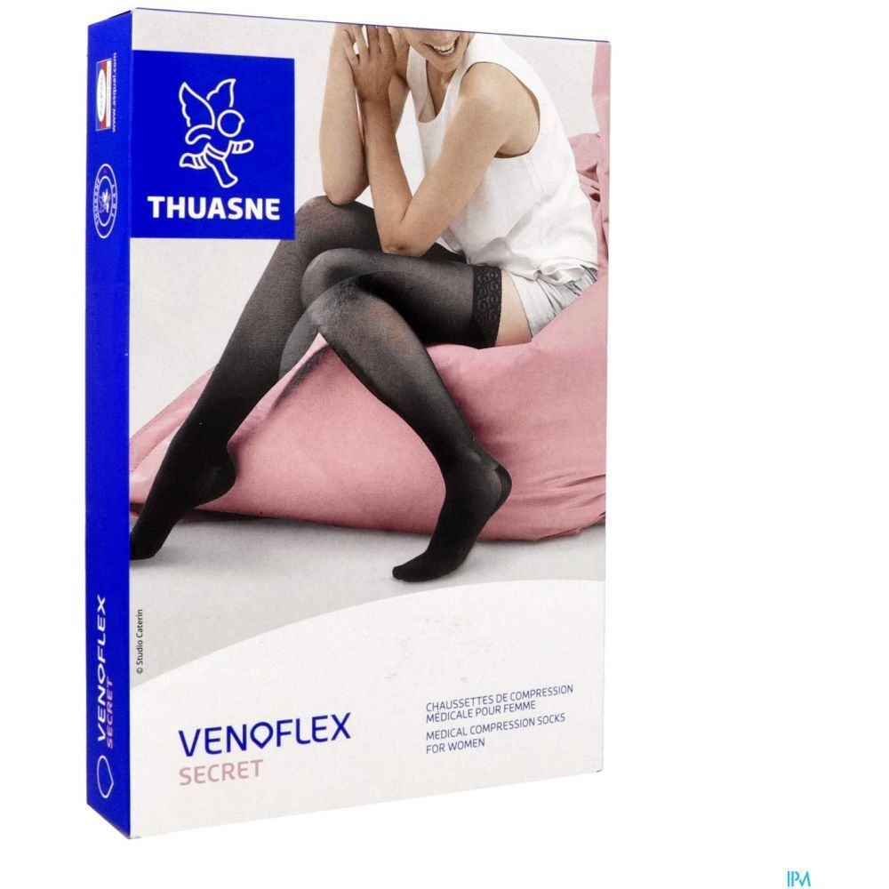 Boîte de bas de compression pour femmes. Marque Thuasne, nom VENOLEX SECRET. Emballage bleu et blanc.