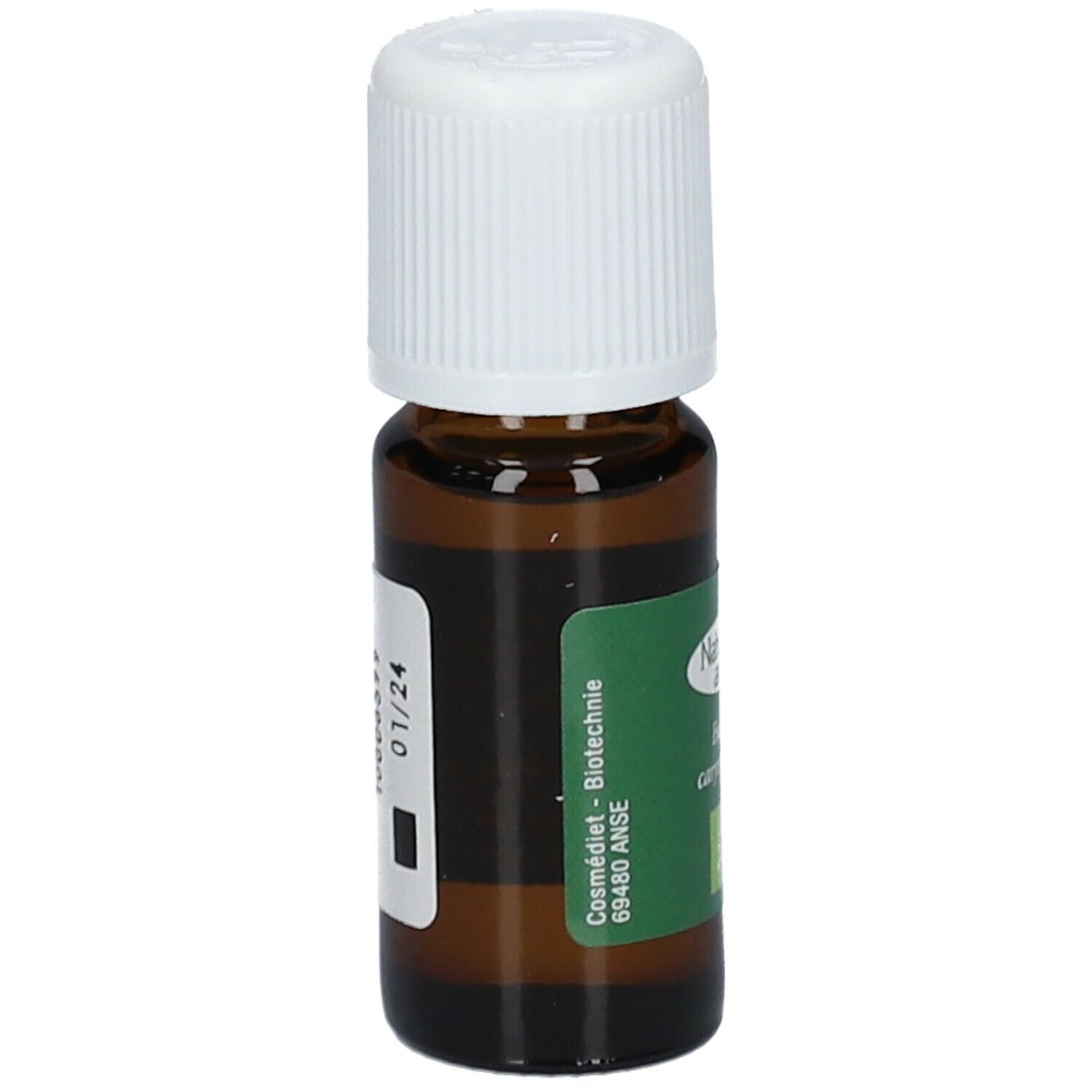 Flacon en verre brun avec bouchon blanc. Étiquette verte avec texte: Cosmédiét - Biotechnie, 01/24.